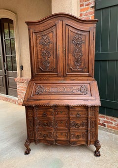 Antique French Carved Oak Desk Secretary Bureau Bookcase Louis XV Drop Front