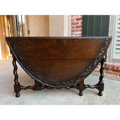 Antique French Carved Oak Dining Kitchen Table Barley Twist Large Drop Leaf