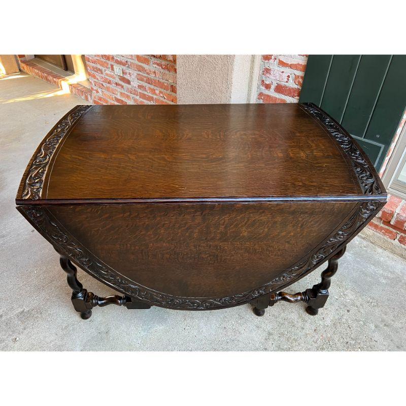 Antique French Carved Oak Dining Kitchen Table Barley Twist Large Drop Leaf In Good Condition In Shreveport, LA