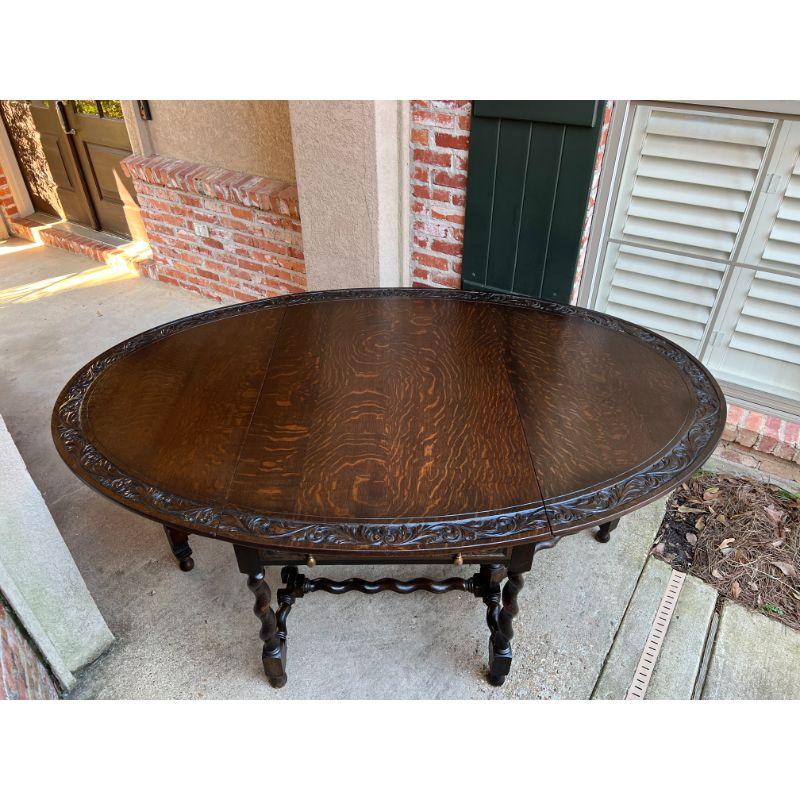 Antique French Carved Oak Dining Kitchen Table Barley Twist Large Drop Leaf 3