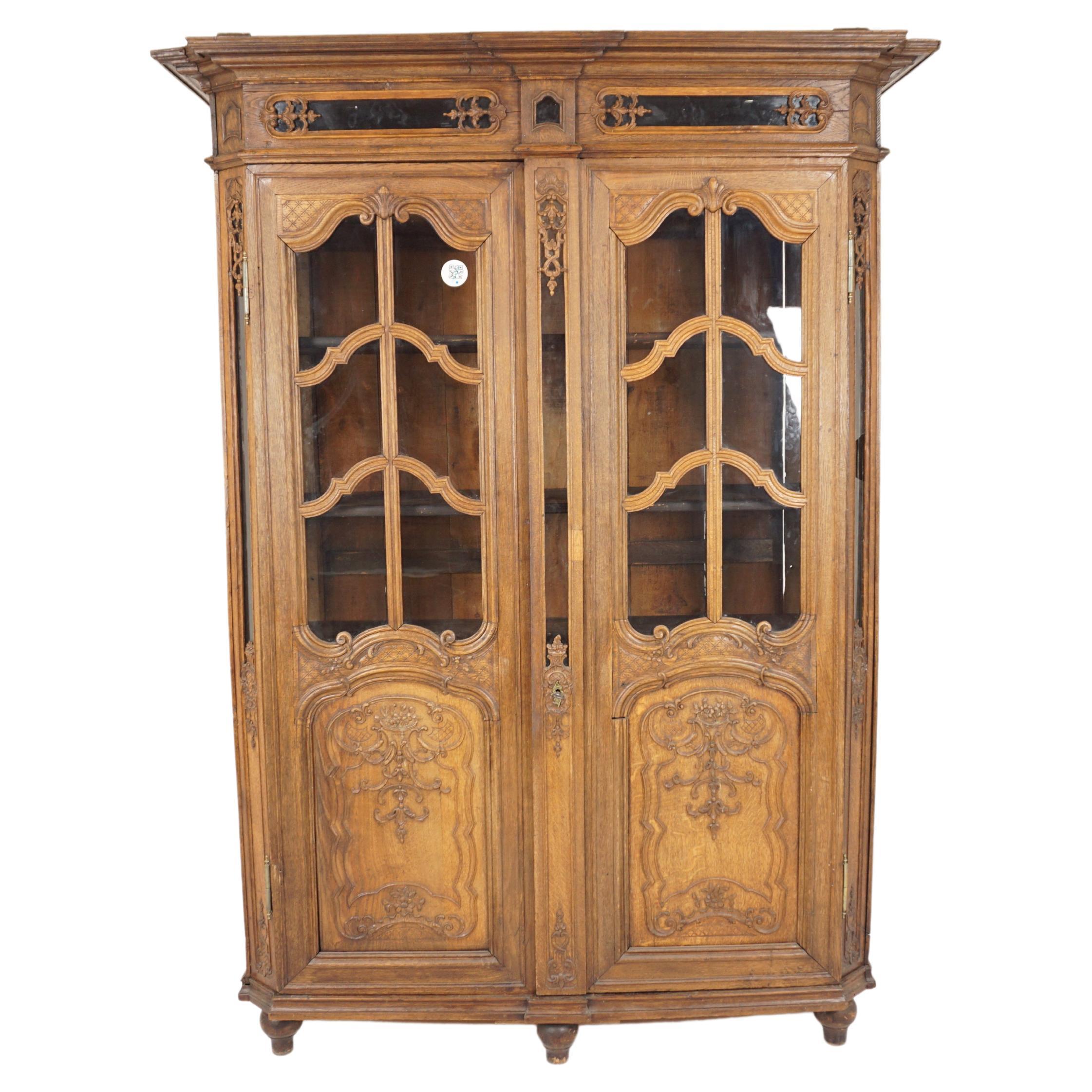 Antique French, Carved Oak Display Cabinet Bookcase, France, 1880, H109 For Sale