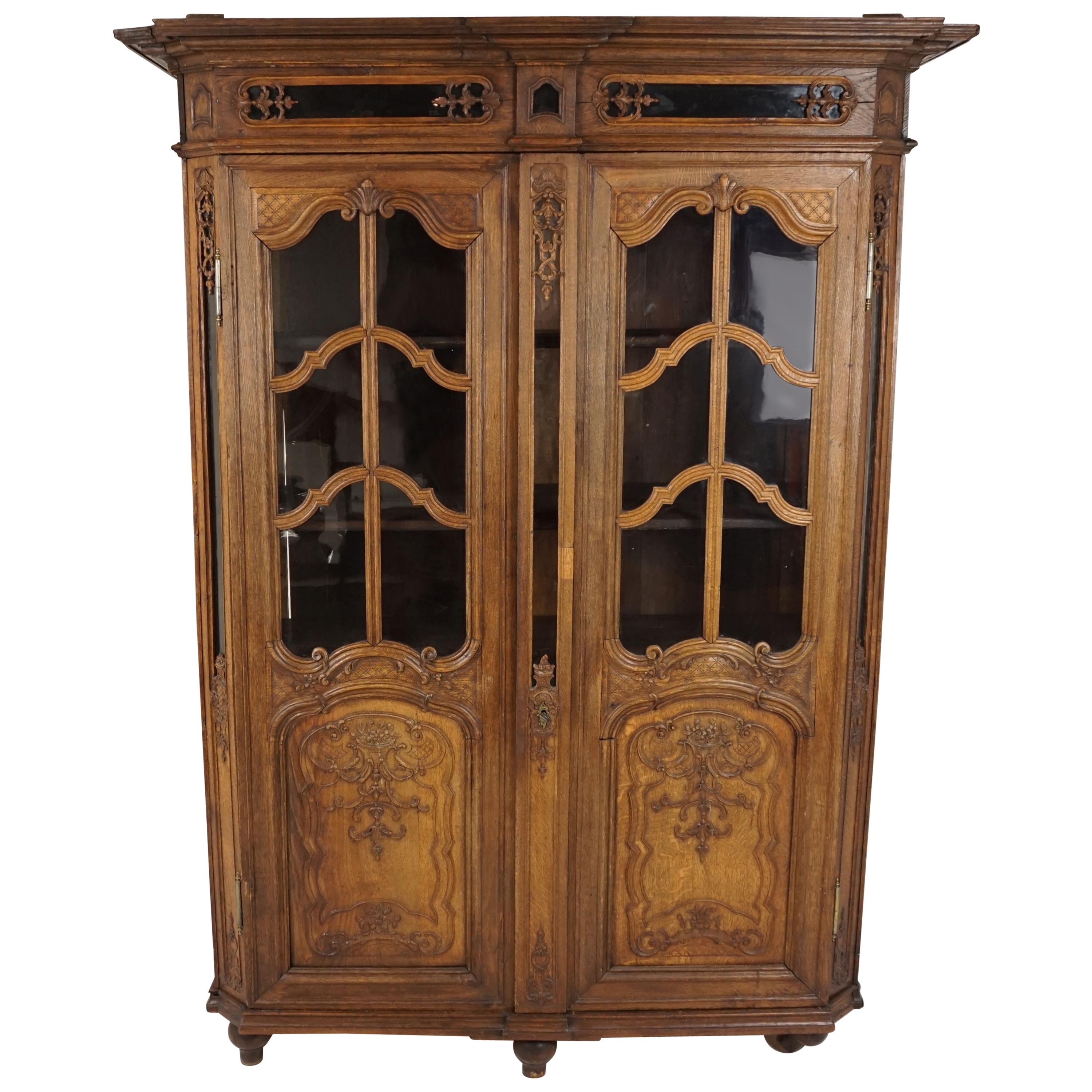 Antique French Carved Oak Display Cabinet, Bookcase France 1890, B2037