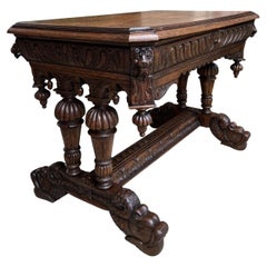 Antique French Carved Oak Dolphin Library Table Desk Renaissance Gothic c1890