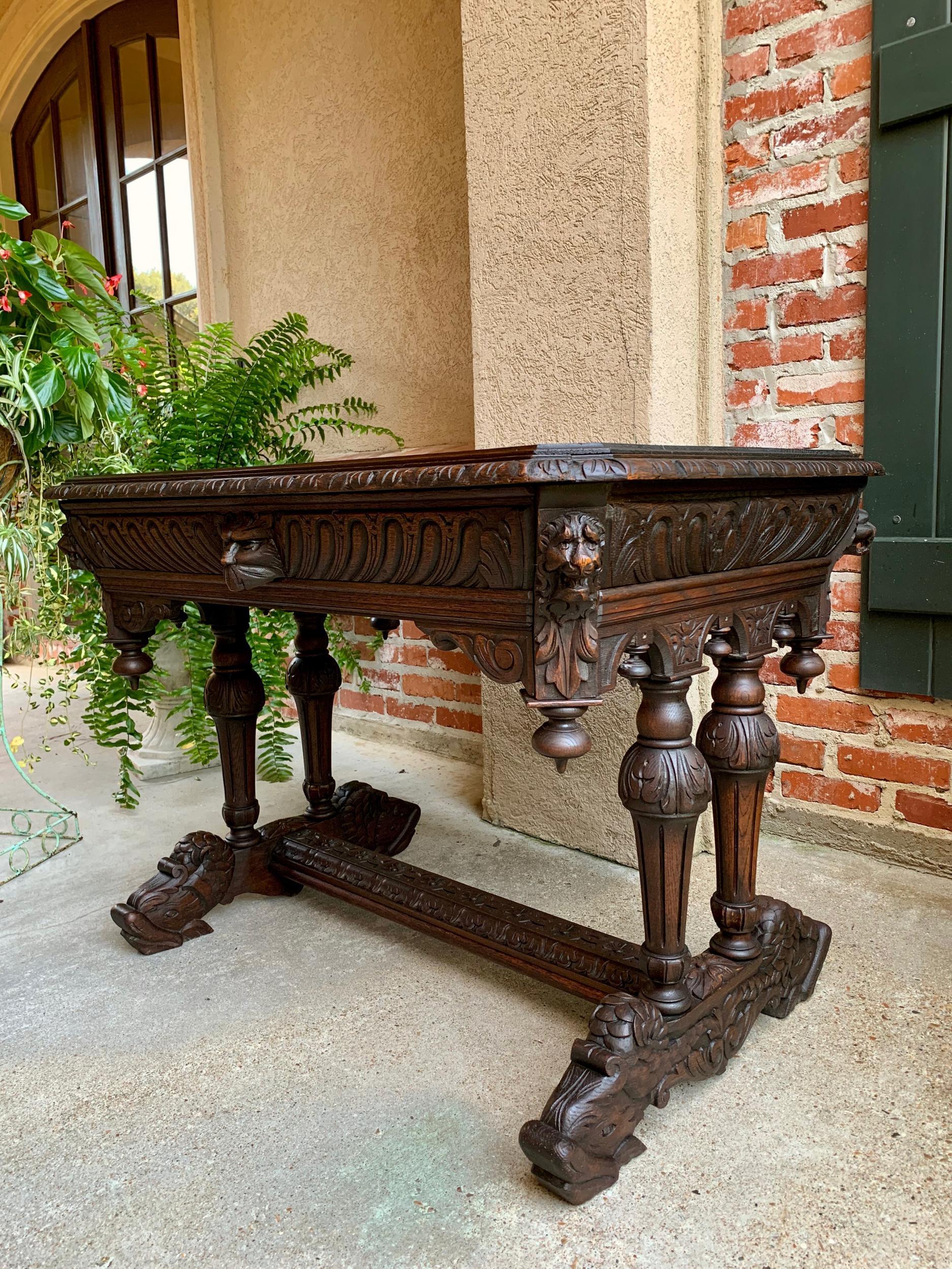 19th century French Carved Oak Dolphin Sofa Table Desk Renaissance Gothic 8