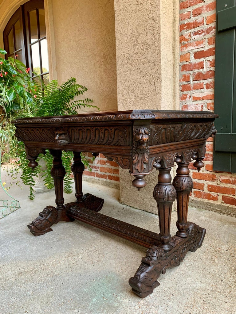 19th century French Carved Oak Dolphin Sofa Table Desk Renaissance