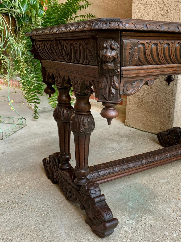 19th century French Carved Oak Dolphin Sofa Table Desk Renaissance