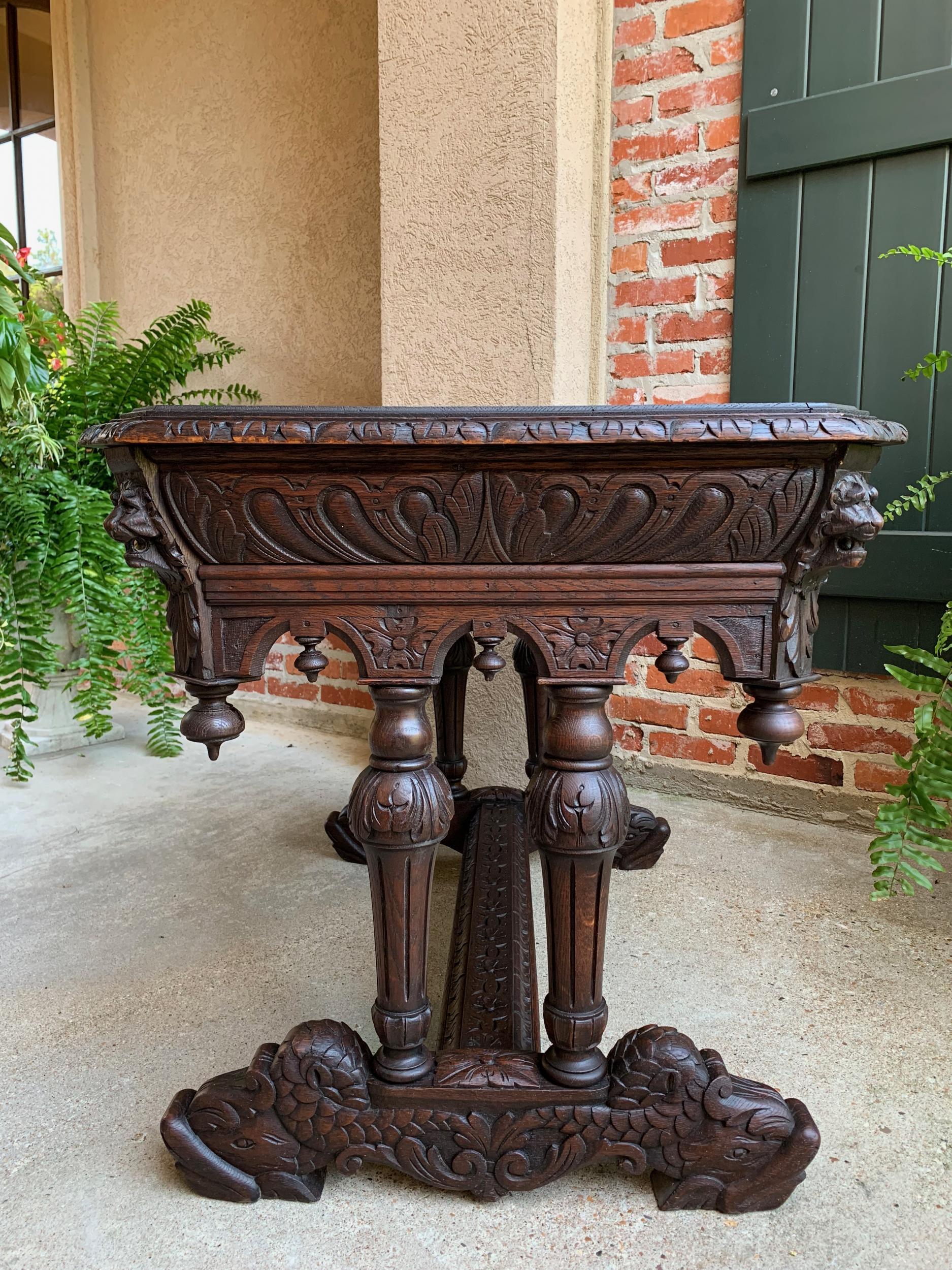 19th century French Carved Oak Dolphin Sofa Table Desk Renaissance Gothic  11