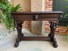 19th century French Carved Oak Dolphin Sofa Table Desk Renaissance Gothic