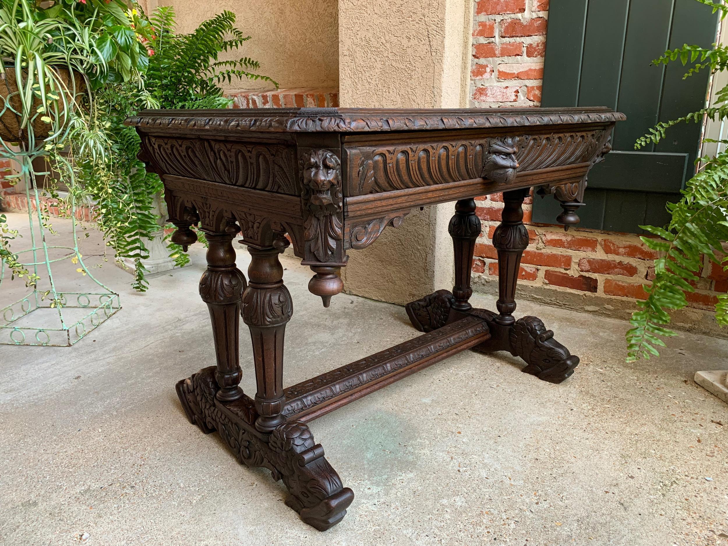Hand-Carved 19th century French Carved Oak Dolphin Sofa Table Desk Renaissance Gothic 
