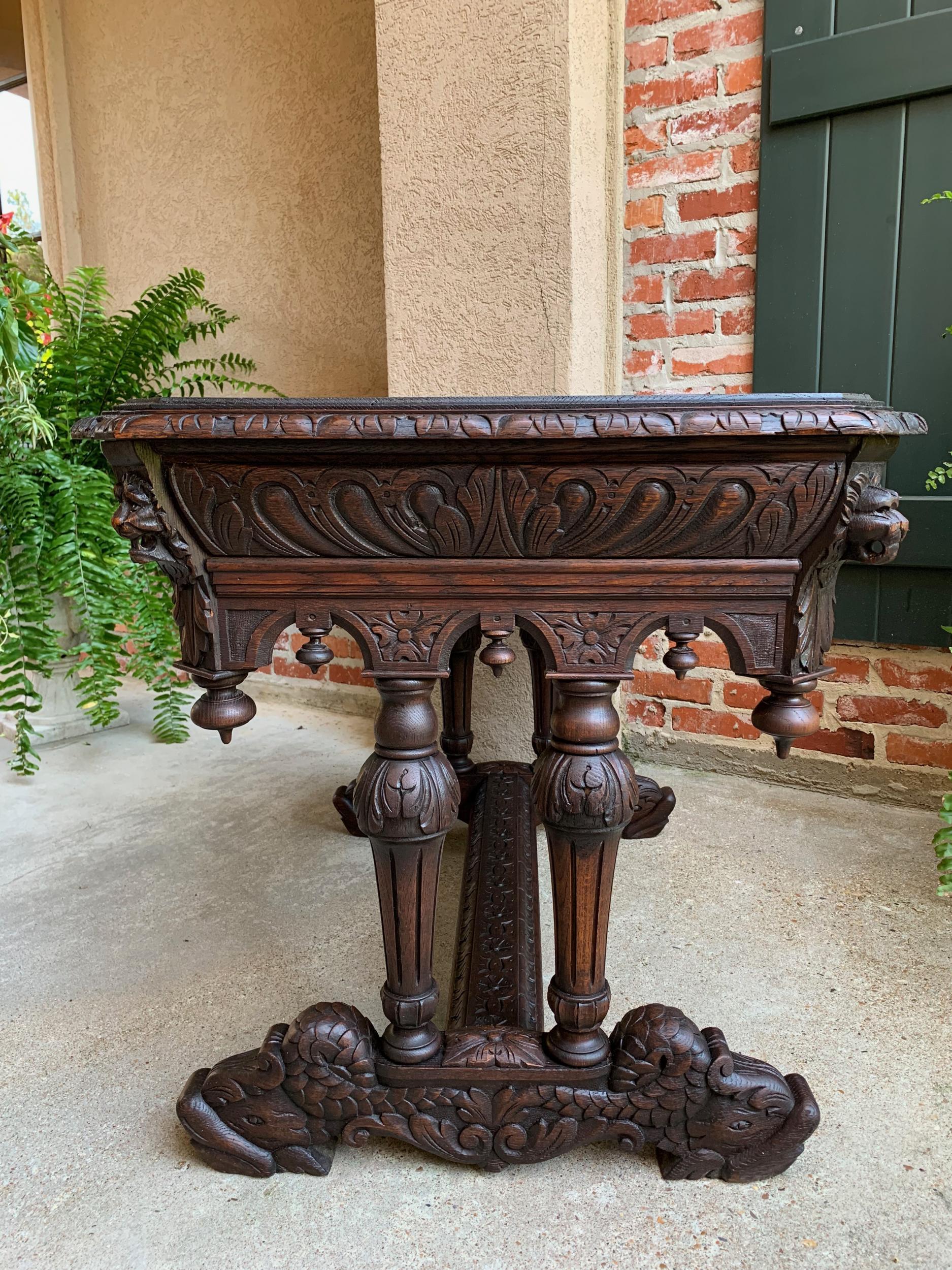 19th century French Carved Oak Dolphin Sofa Table Desk Renaissance Gothic In Good Condition In Shreveport, LA