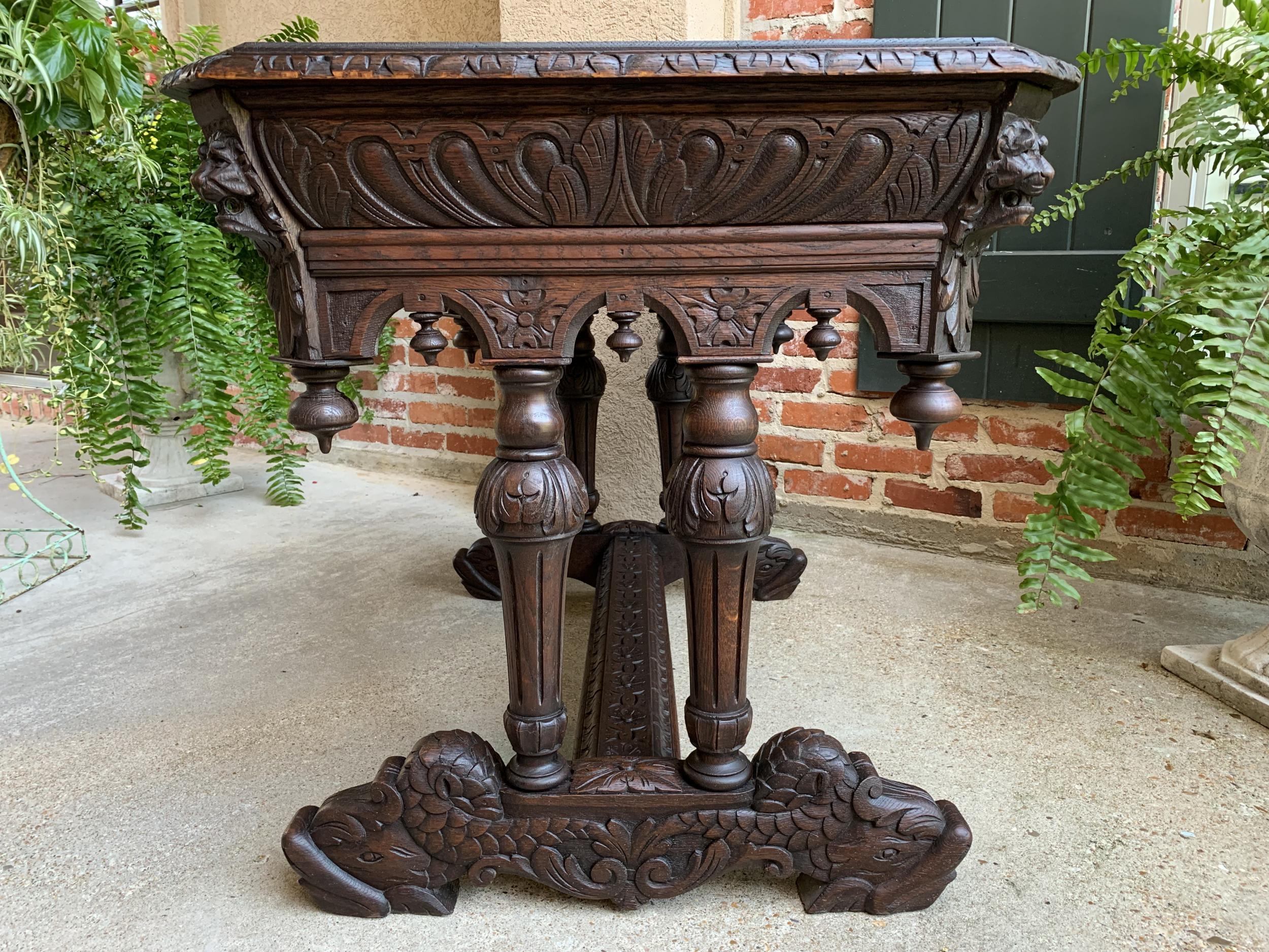 19th Century 19th century French Carved Oak Dolphin Sofa Table Desk Renaissance Gothic 