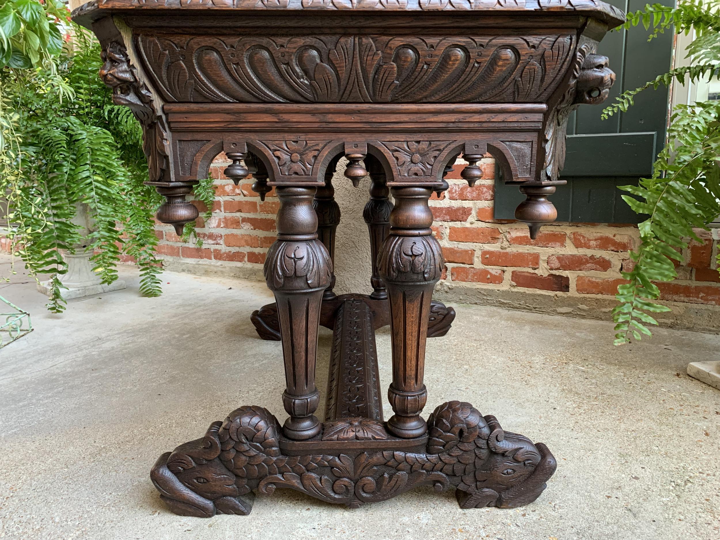 19th century French Carved Oak Dolphin Sofa Table Desk Renaissance Gothic 1