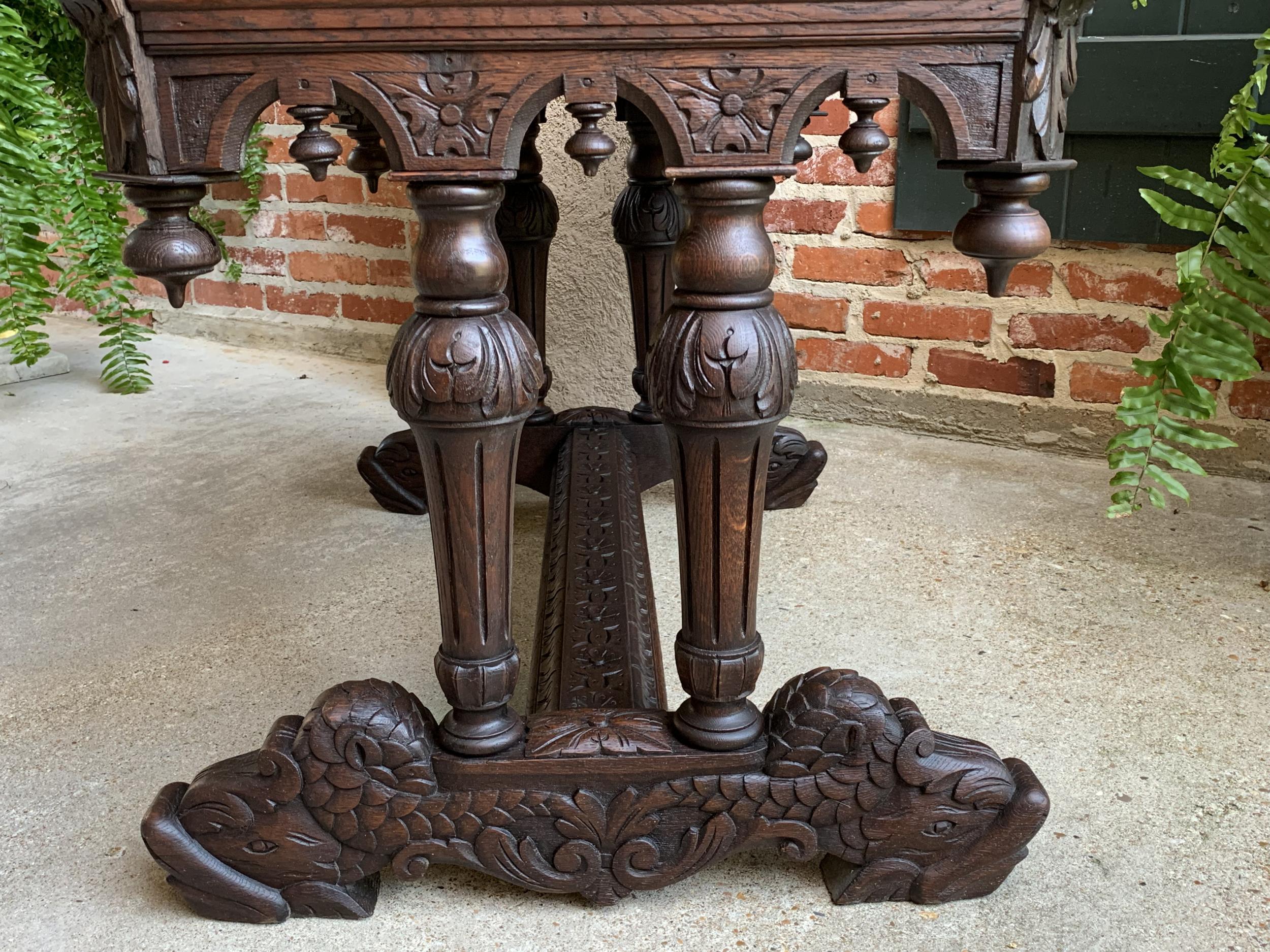 19th century French Carved Oak Dolphin Sofa Table Desk Renaissance Gothic 2