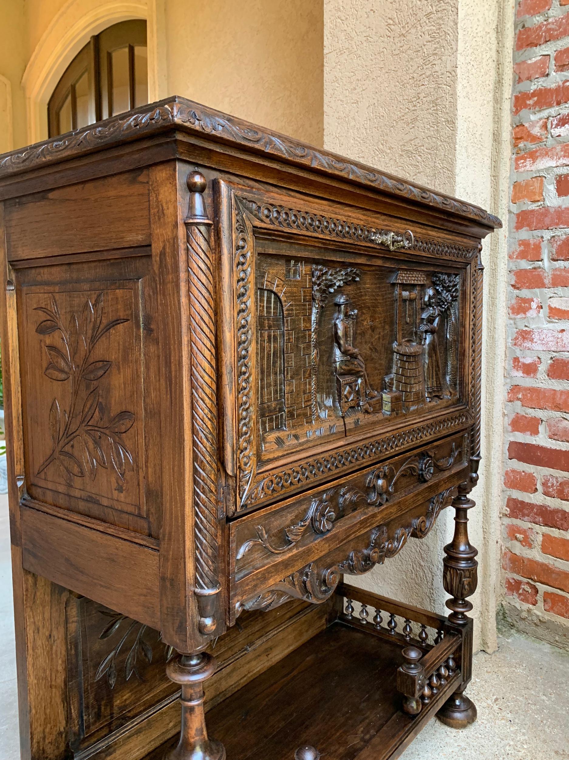Hand-Carved Antique French Carved Oak Drop Front Desk Liquor Cabinet Breton Brittany 19th C