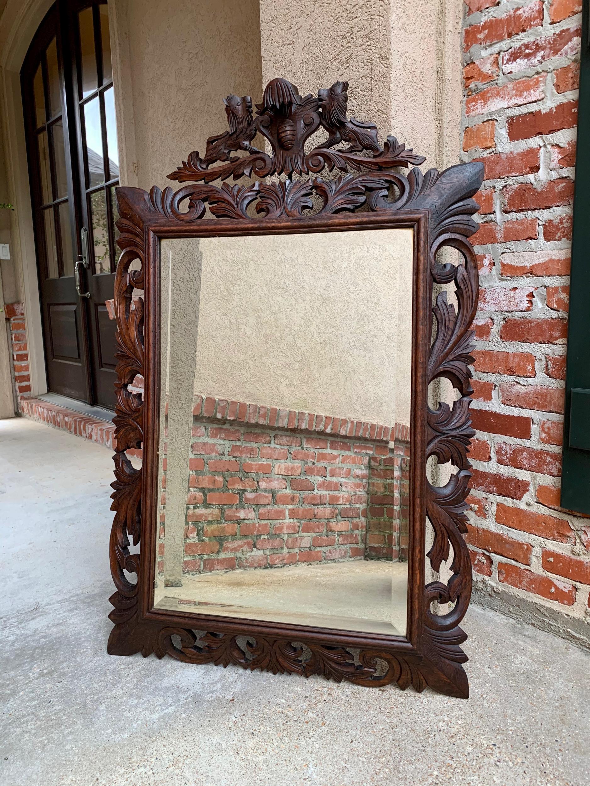 Antique French Carved Oak Frame Beveled Mirror Wall Mantel Louis XIV Renaissance For Sale 7