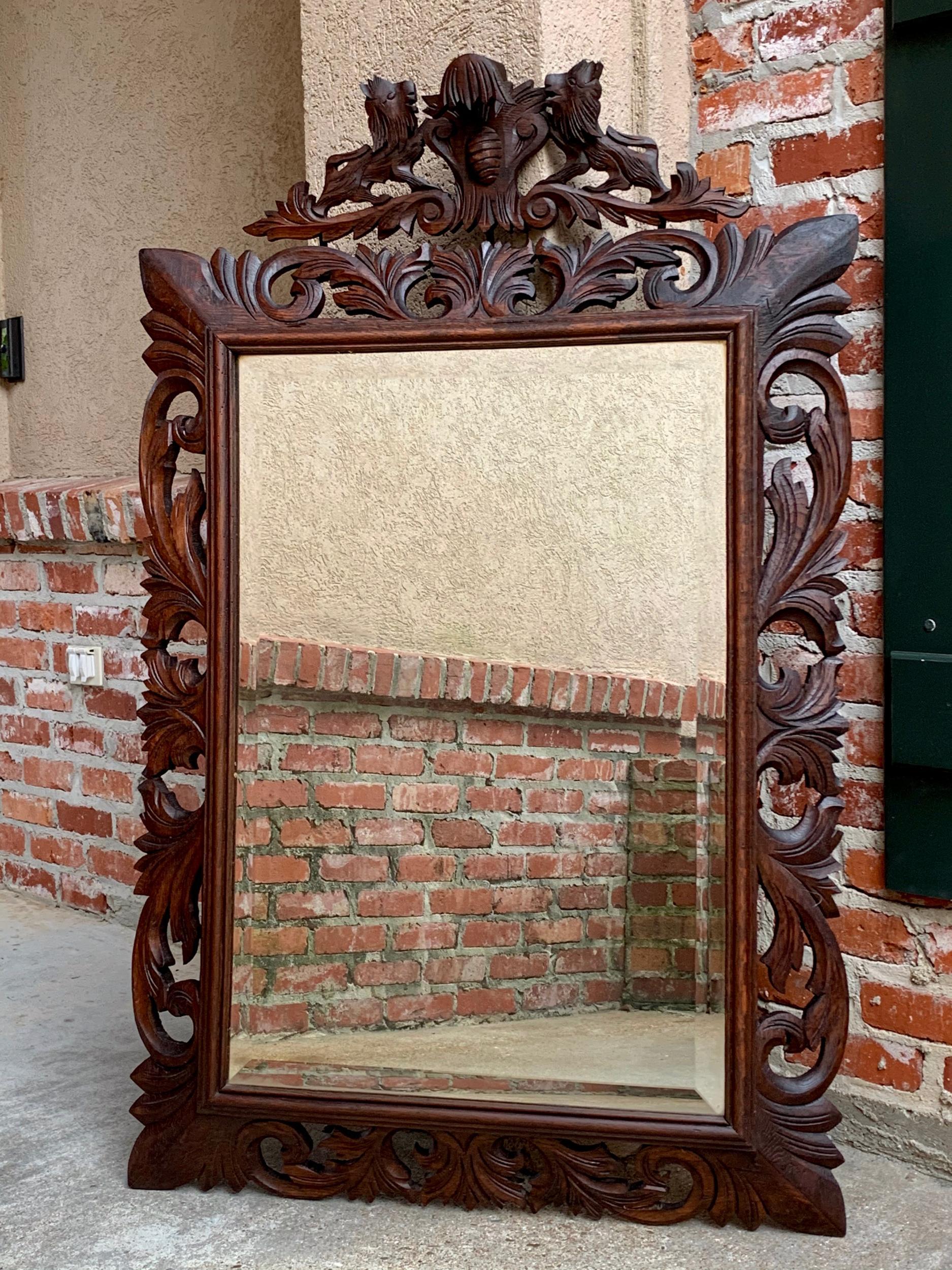 Antique French Carved Oak Frame Beveled Mirror Wall Mantel Louis XIV Renaissance For Sale 8