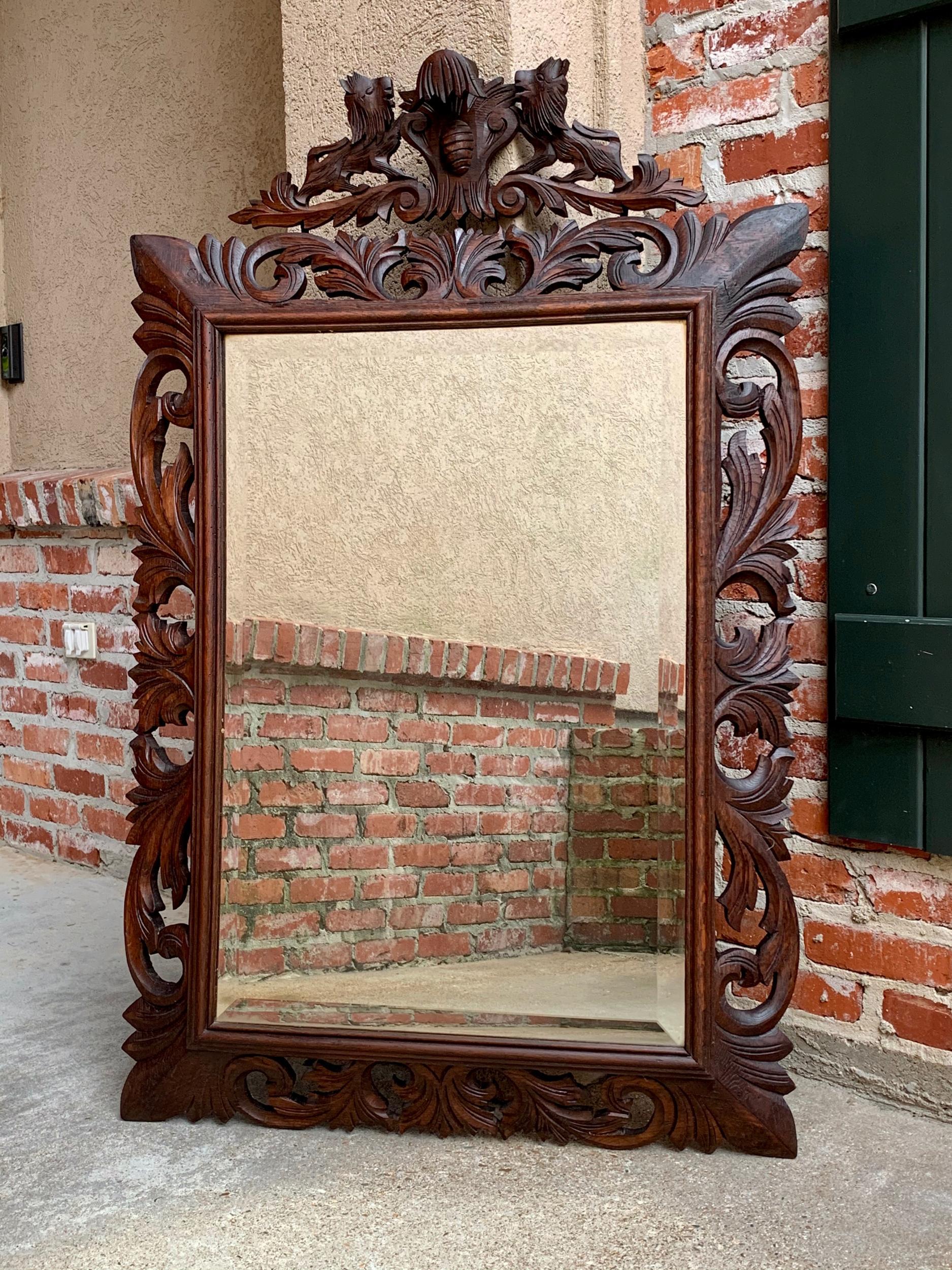 Antique French Carved Oak Frame Beveled Mirror Wall Mantel Louis XIV Renaissance For Sale 9