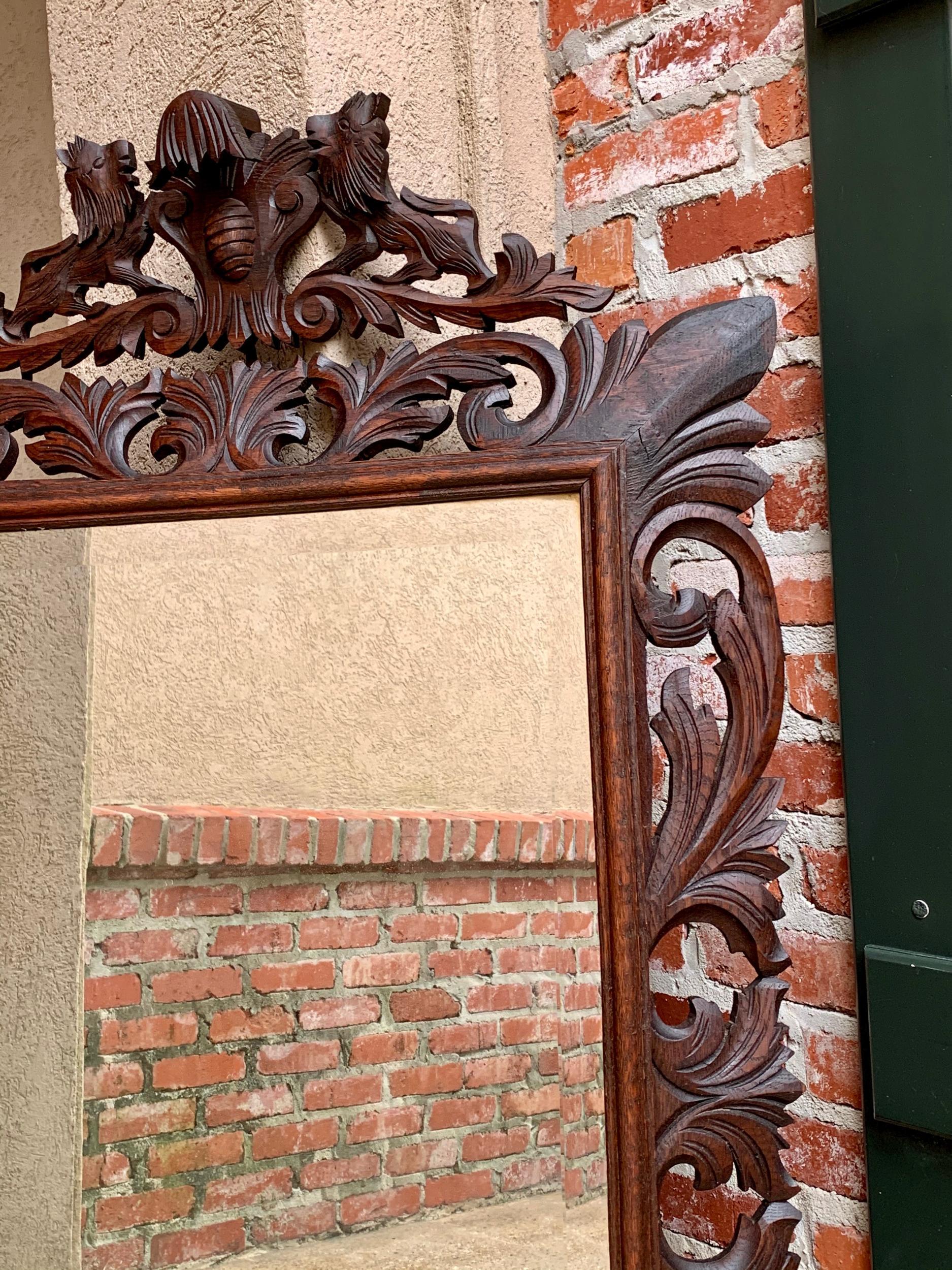 Antique French Carved Oak Frame Beveled Mirror Wall Mantel Louis XIV Renaissance For Sale 2