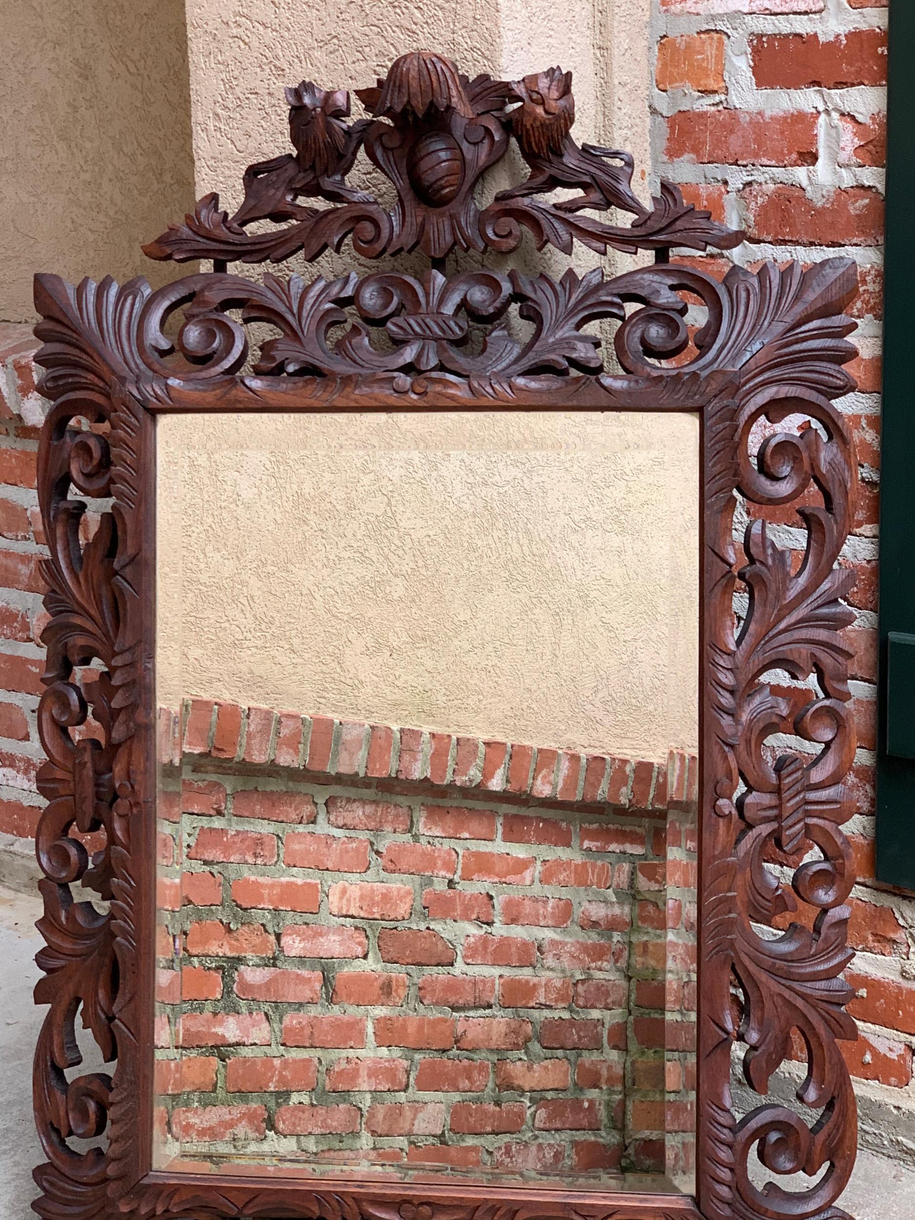 Antique French Carved Oak Frame Beveled Mirror Wall Pier Mantel Renaissance In Good Condition For Sale In Shreveport, LA