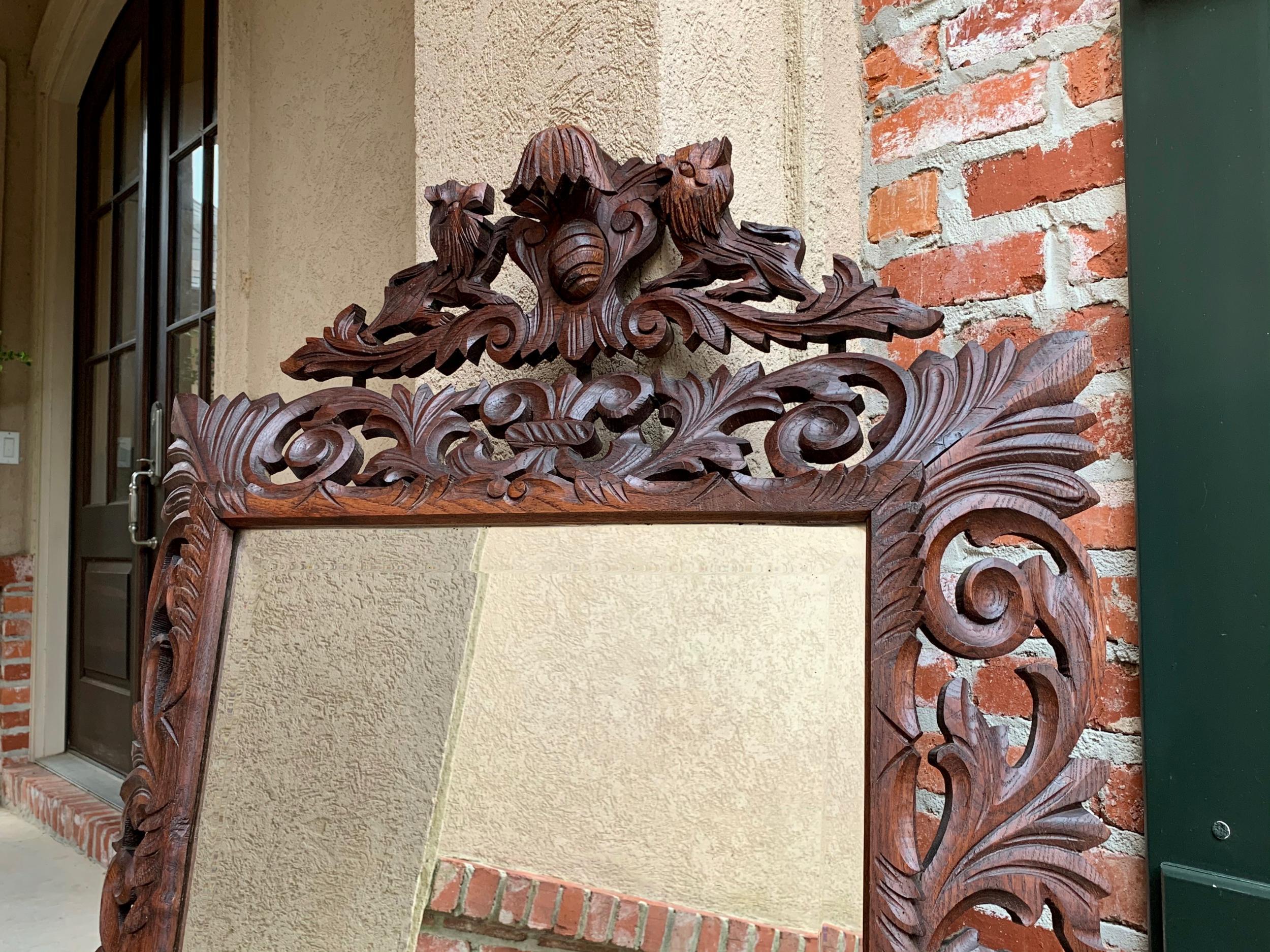 20th Century Antique French Carved Oak Frame Beveled Mirror Wall Pier Mantel Renaissance