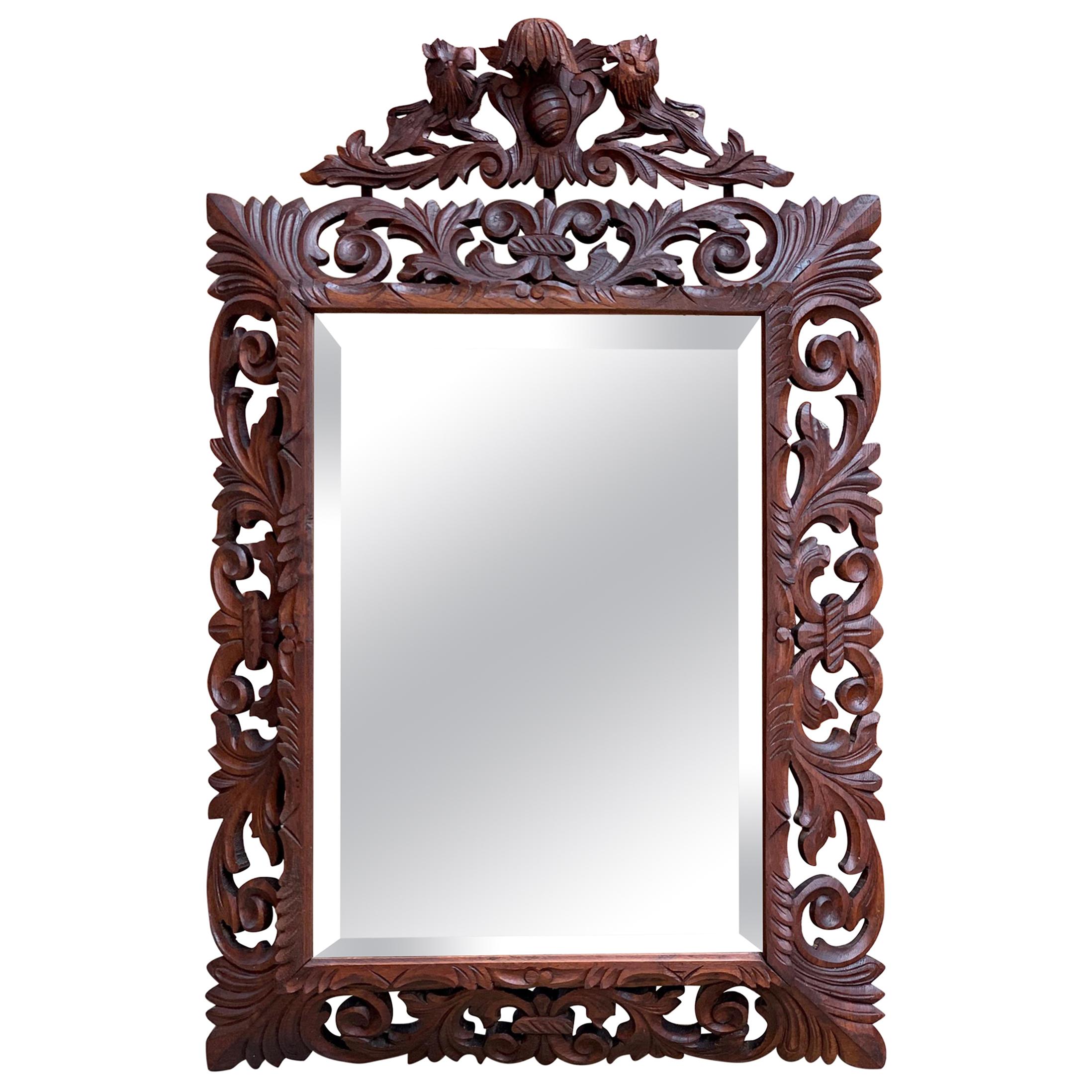 Antique French Carved Oak Frame Beveled Mirror Wall Pier Mantel Renaissance For Sale