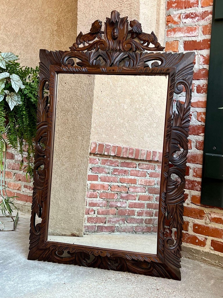 Antique French Carved Oak Frame Mirror Wall Pier Mantel Louis XIV
