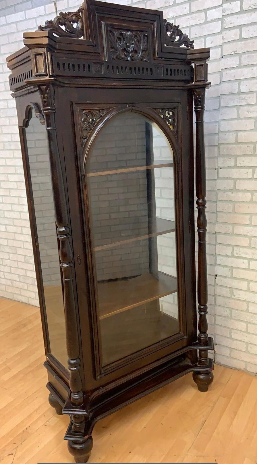 Art Nouveau  Antique French Carved Oak Glass Front Vitrine Display Cabinet For Sale