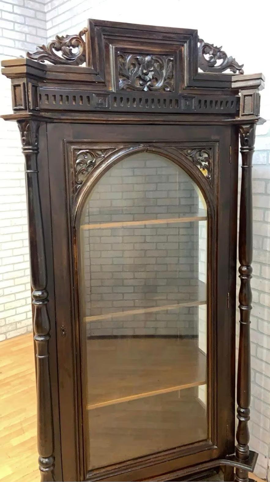 Hand-Carved  Antique French Carved Oak Glass Front Vitrine Display Cabinet For Sale