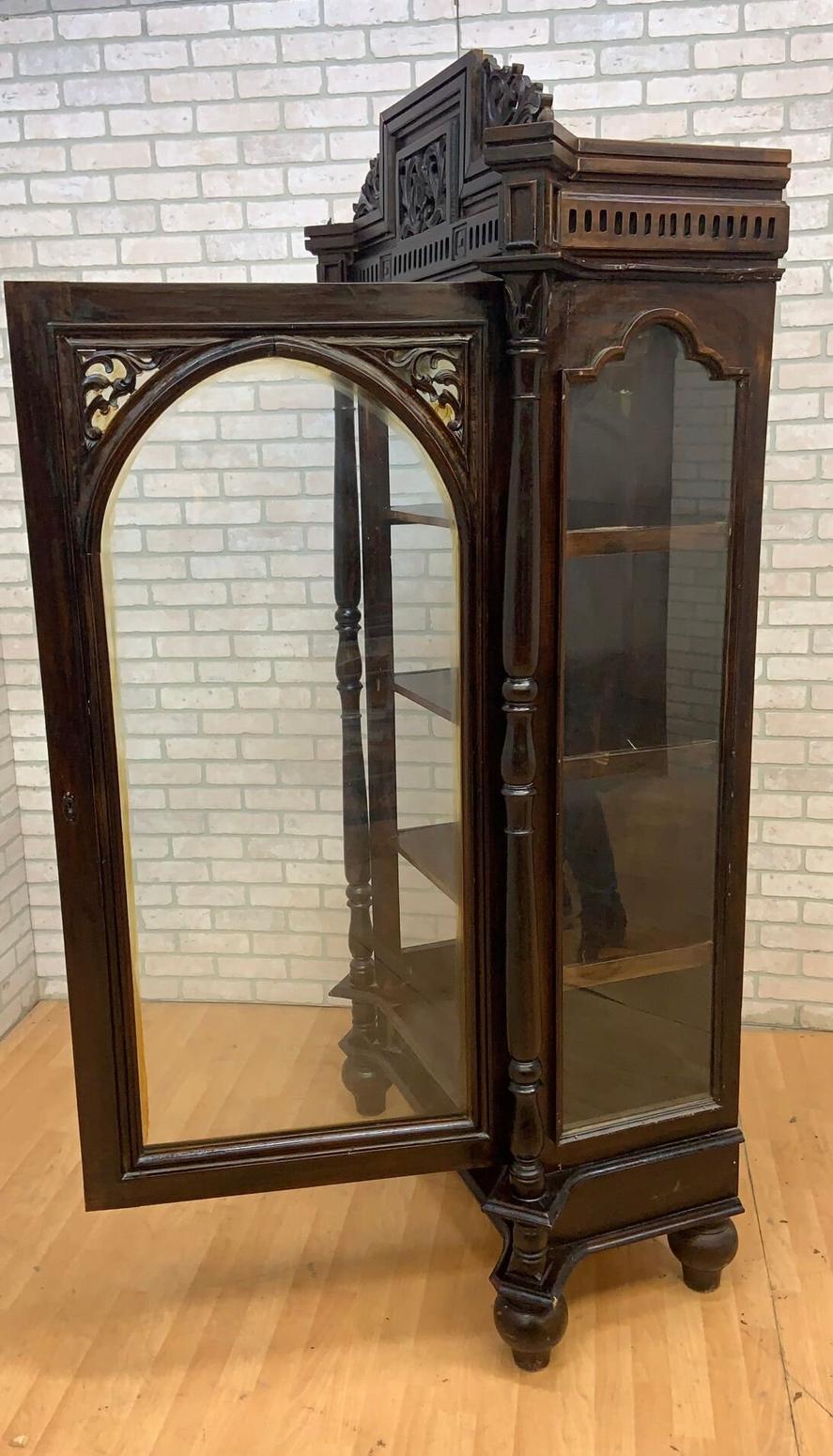  Antique French Carved Oak Glass Front Vitrine Display Cabinet For Sale 1