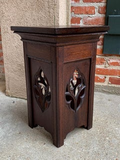 Antique French Carved Oak Gothic Plant Stand Square Display Bronze Pedestal