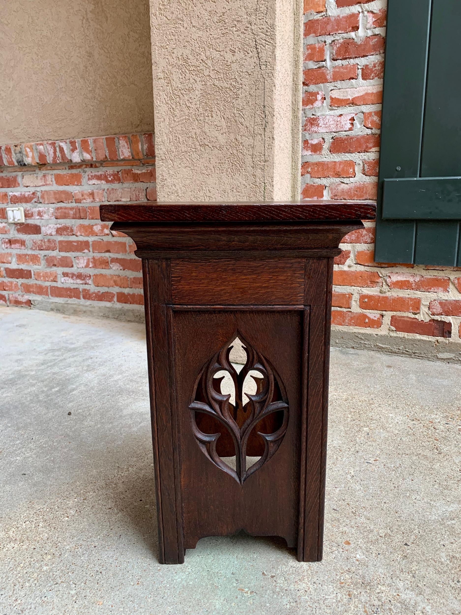 Antique French Carved Oak Gothic Plant Stand Square Display Bronze Pedestal 1