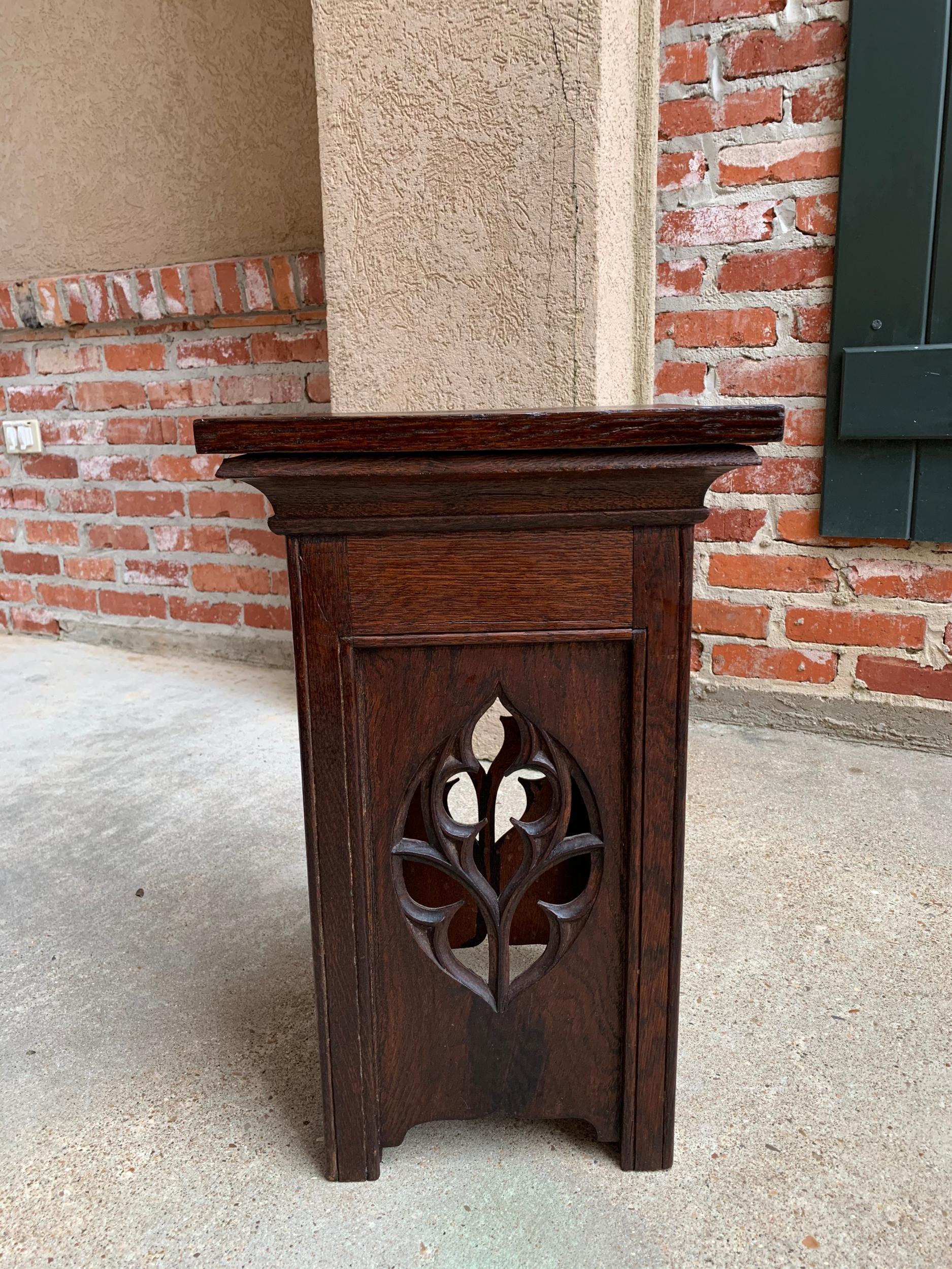 Antique French Carved Oak Gothic Plant Stand Square Display Bronze Pedestal 4