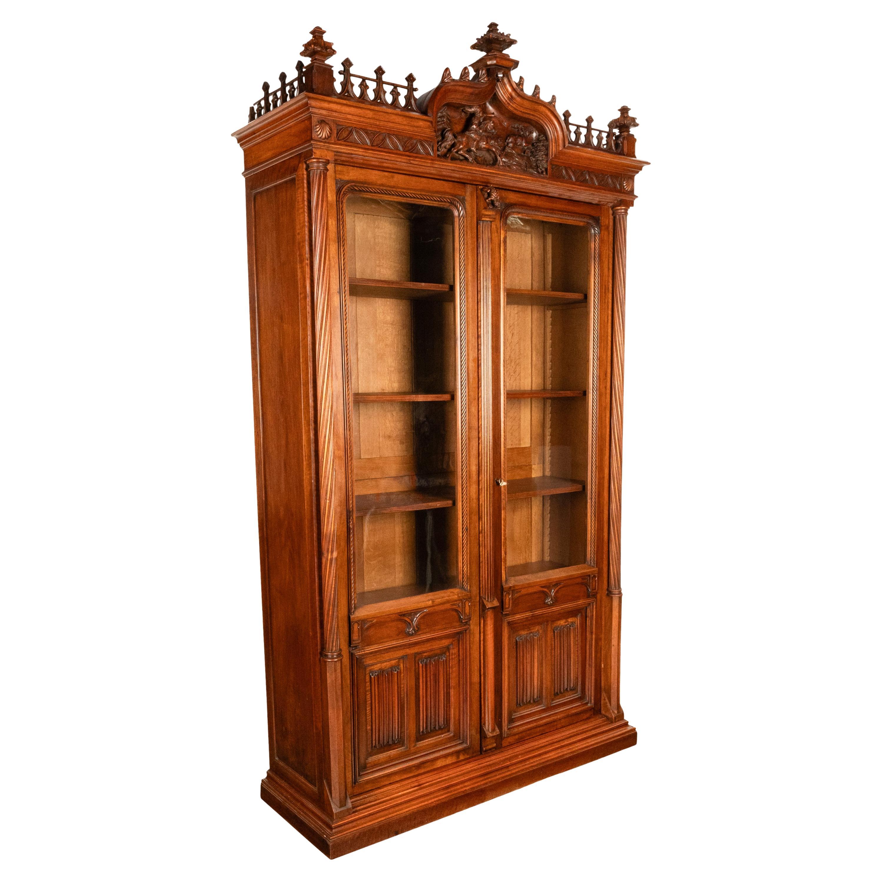 Antique French Carved Oak Gothic Revival Library Bookcase Bibliotheque 1880 In Good Condition For Sale In Portland, OR