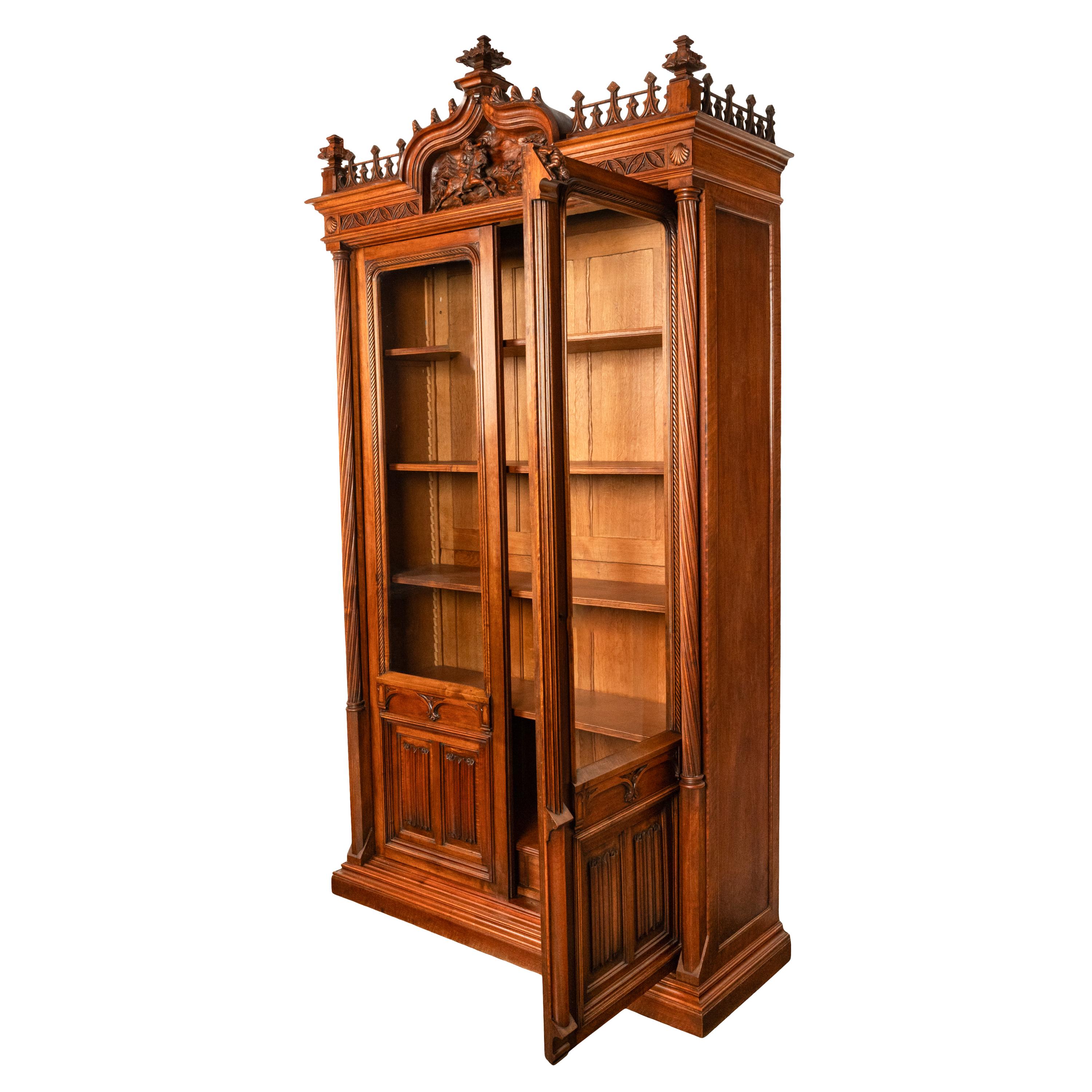 Late 19th Century Antique French Carved Oak Gothic Revival Library Bookcase Bibliotheque 1880 For Sale