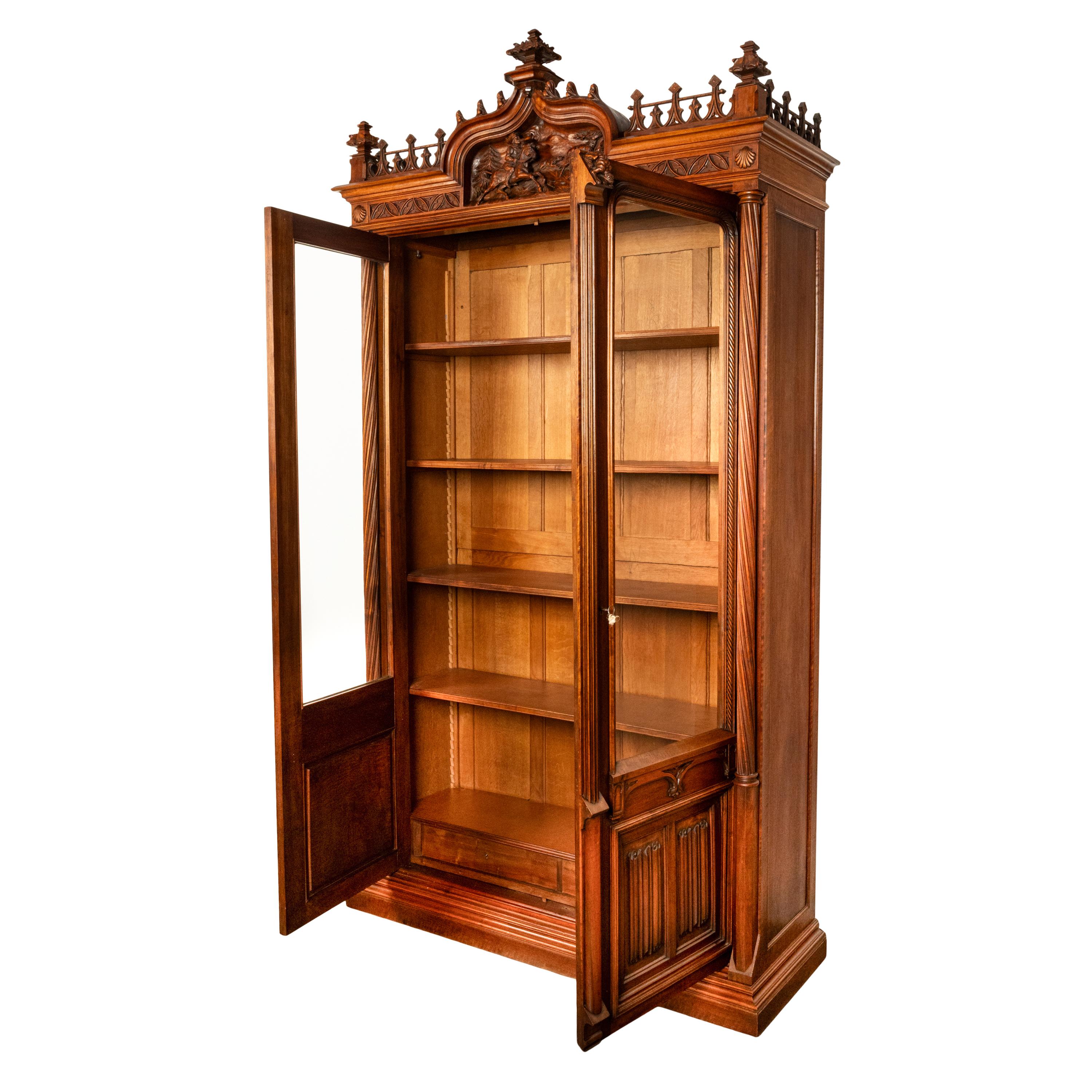 Antique French Carved Oak Gothic Revival Library Bookcase Bibliotheque 1880 For Sale 1