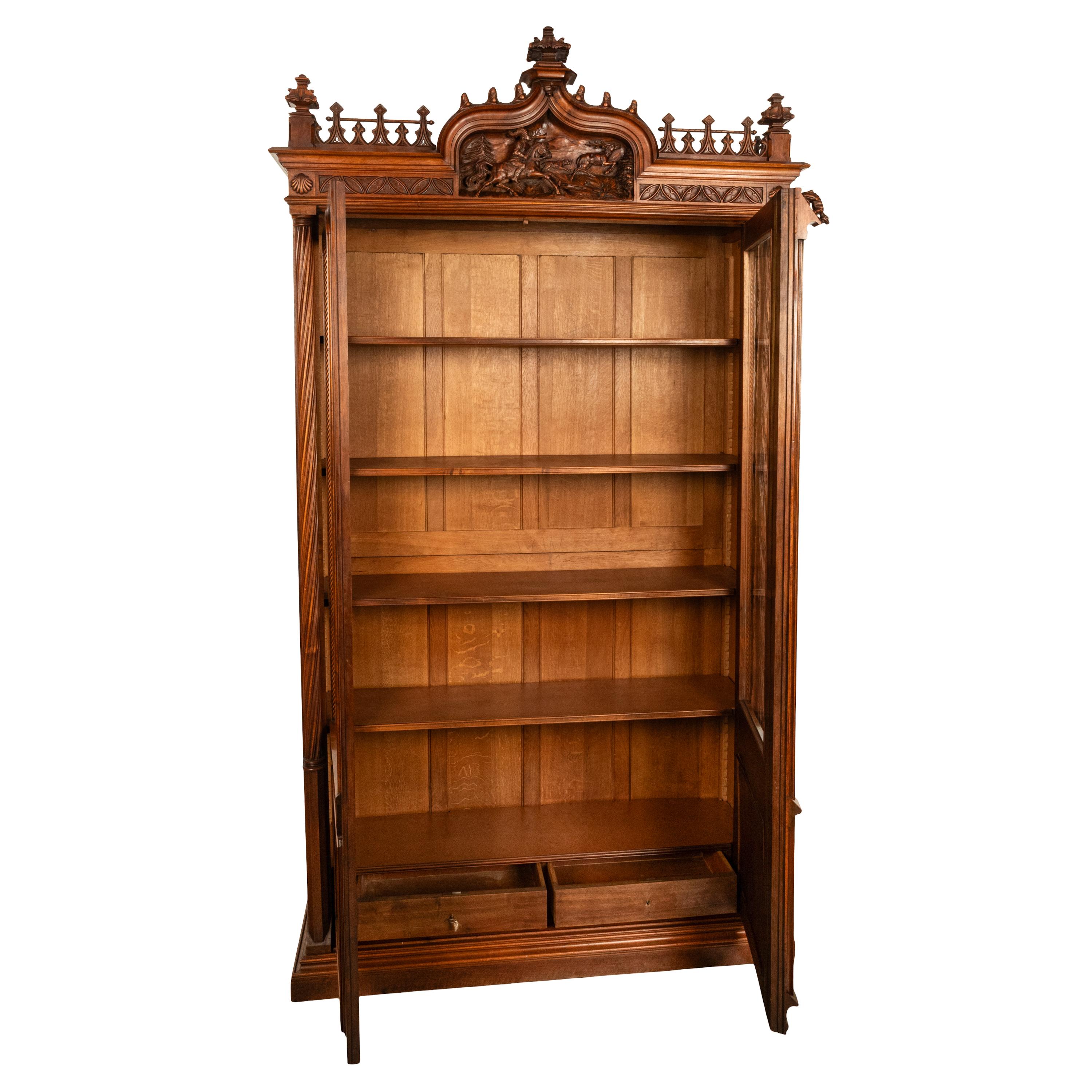 Antique French Carved Oak Gothic Revival Library Bookcase Bibliotheque 1880 For Sale 2