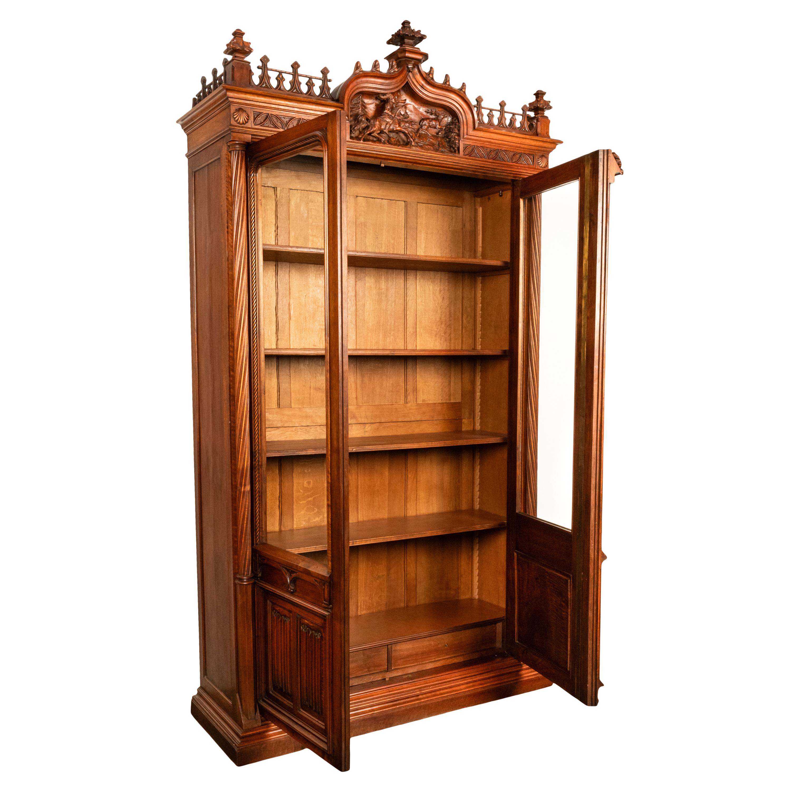 Antique French Carved Oak Gothic Revival Library Bookcase Bibliotheque 1880 For Sale 3