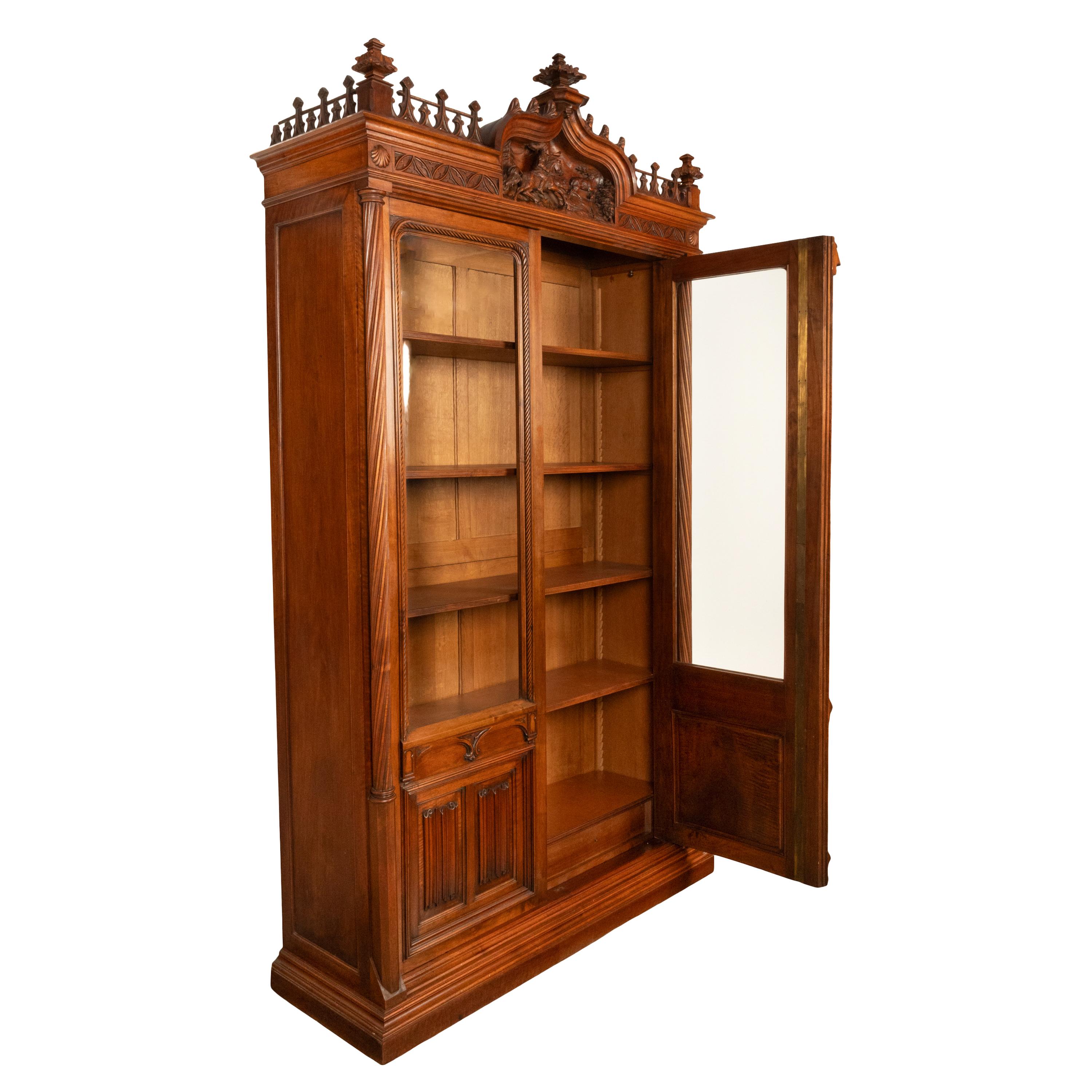 Antique French Carved Oak Gothic Revival Library Bookcase Bibliotheque 1880 For Sale 4