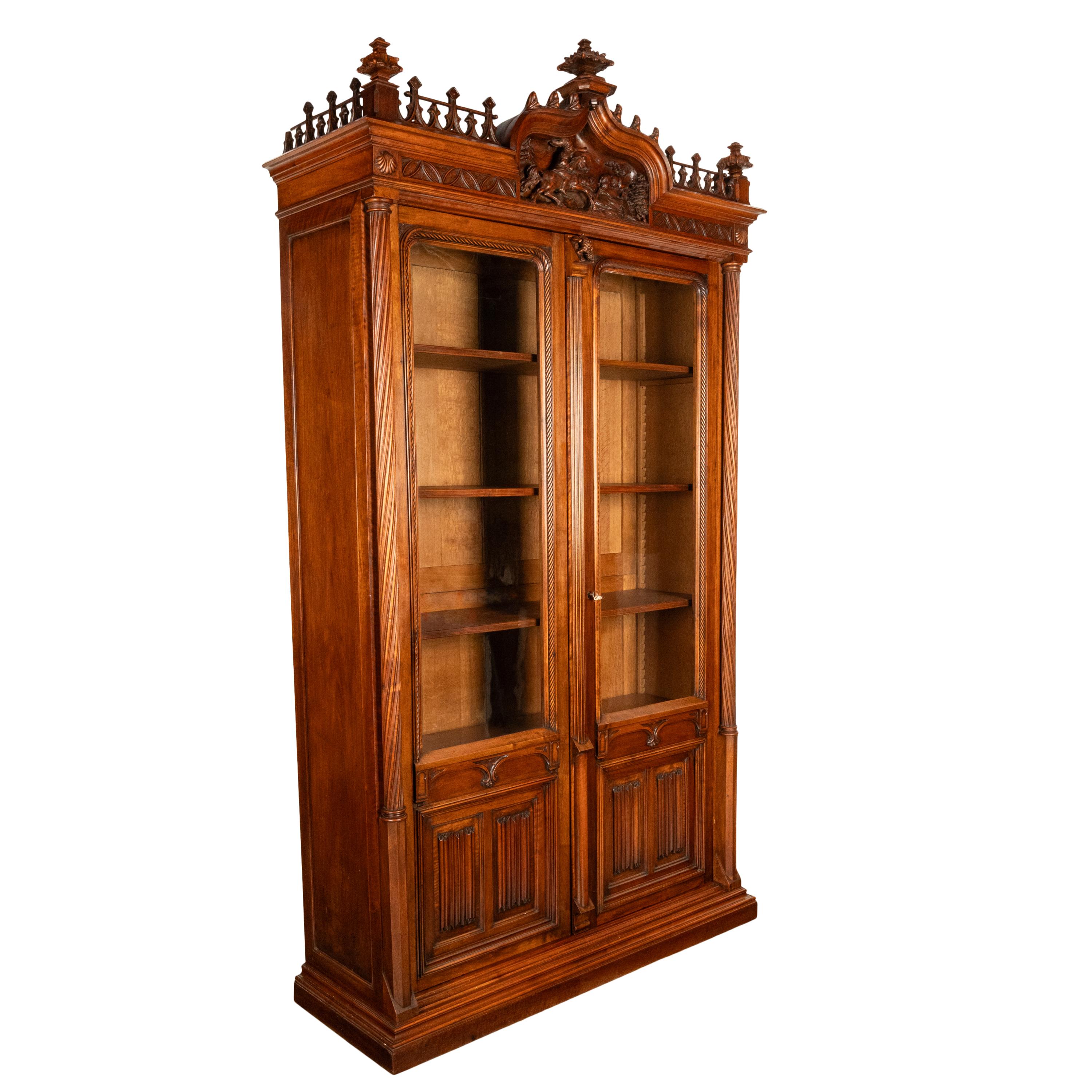Antique French Carved Oak Gothic Revival Library Bookcase Bibliotheque 1880 For Sale 5