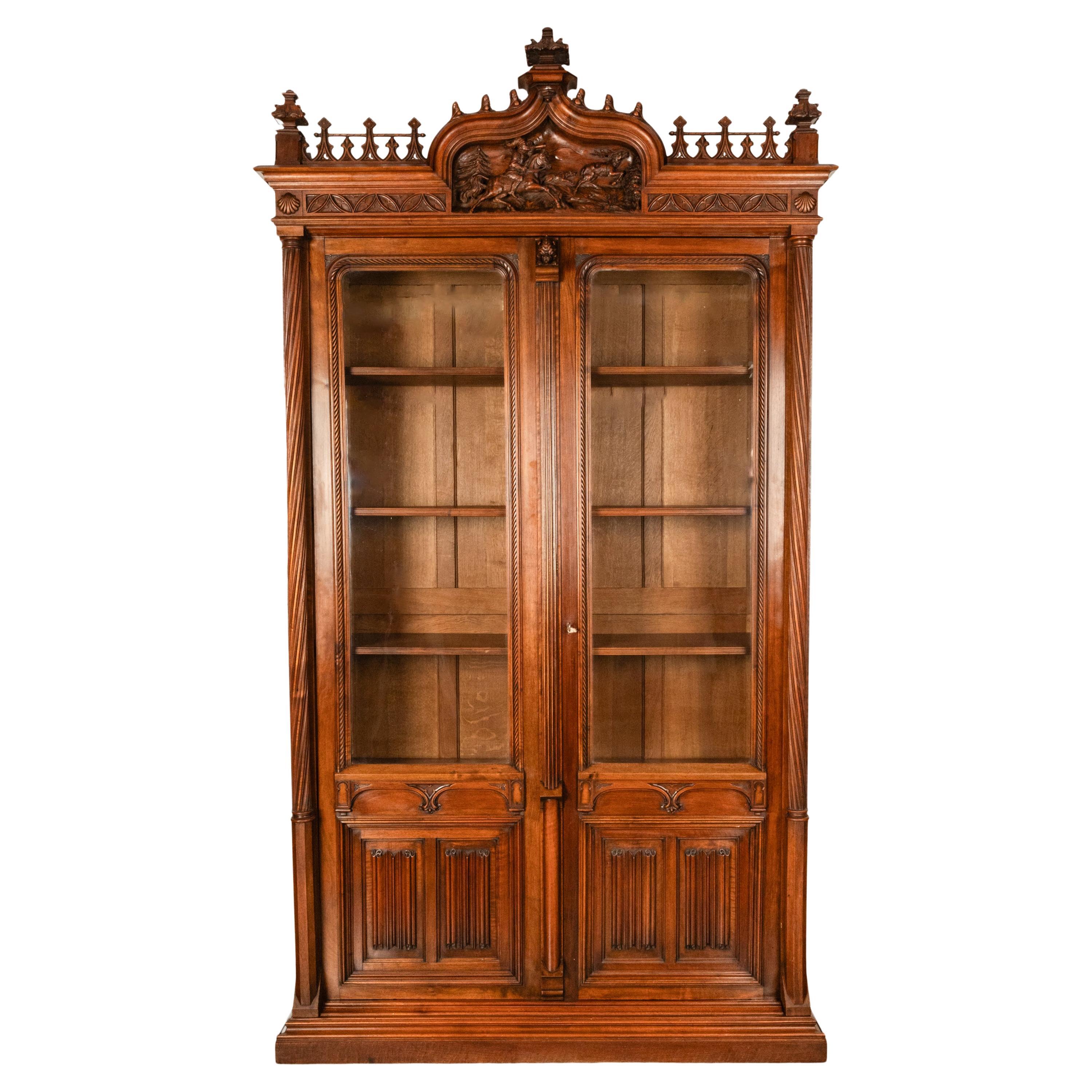 Antique French Carved Oak Gothic Revival Library Bookcase Bibliotheque 1880 For Sale