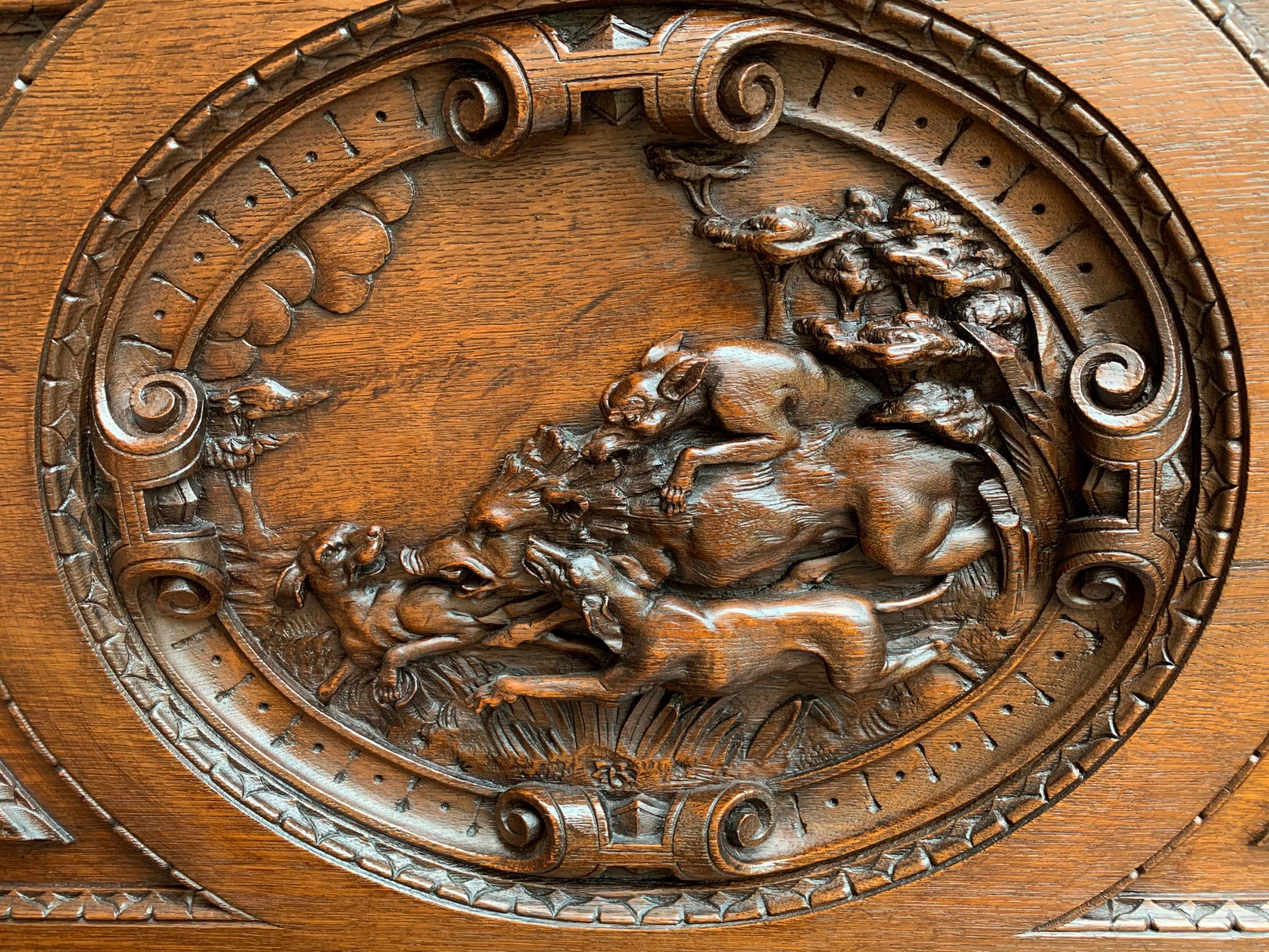 Antique French Carved Oak Hall Bench Black Forest Boar Hunt Hound Dog Settle Pew 9