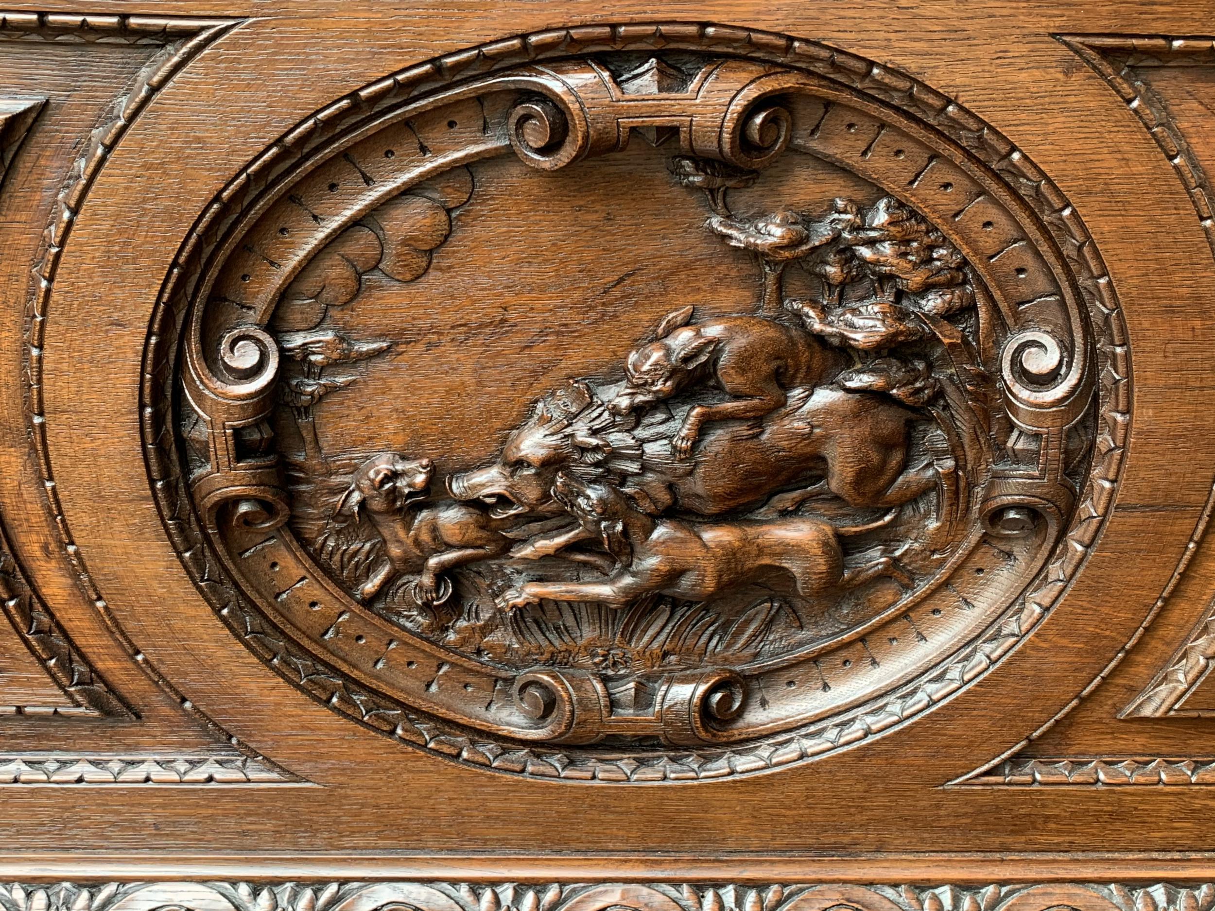 Renaissance Antique French Carved Oak Hall Bench Black Forest Boar Hunt Hound Dog Settle Pew