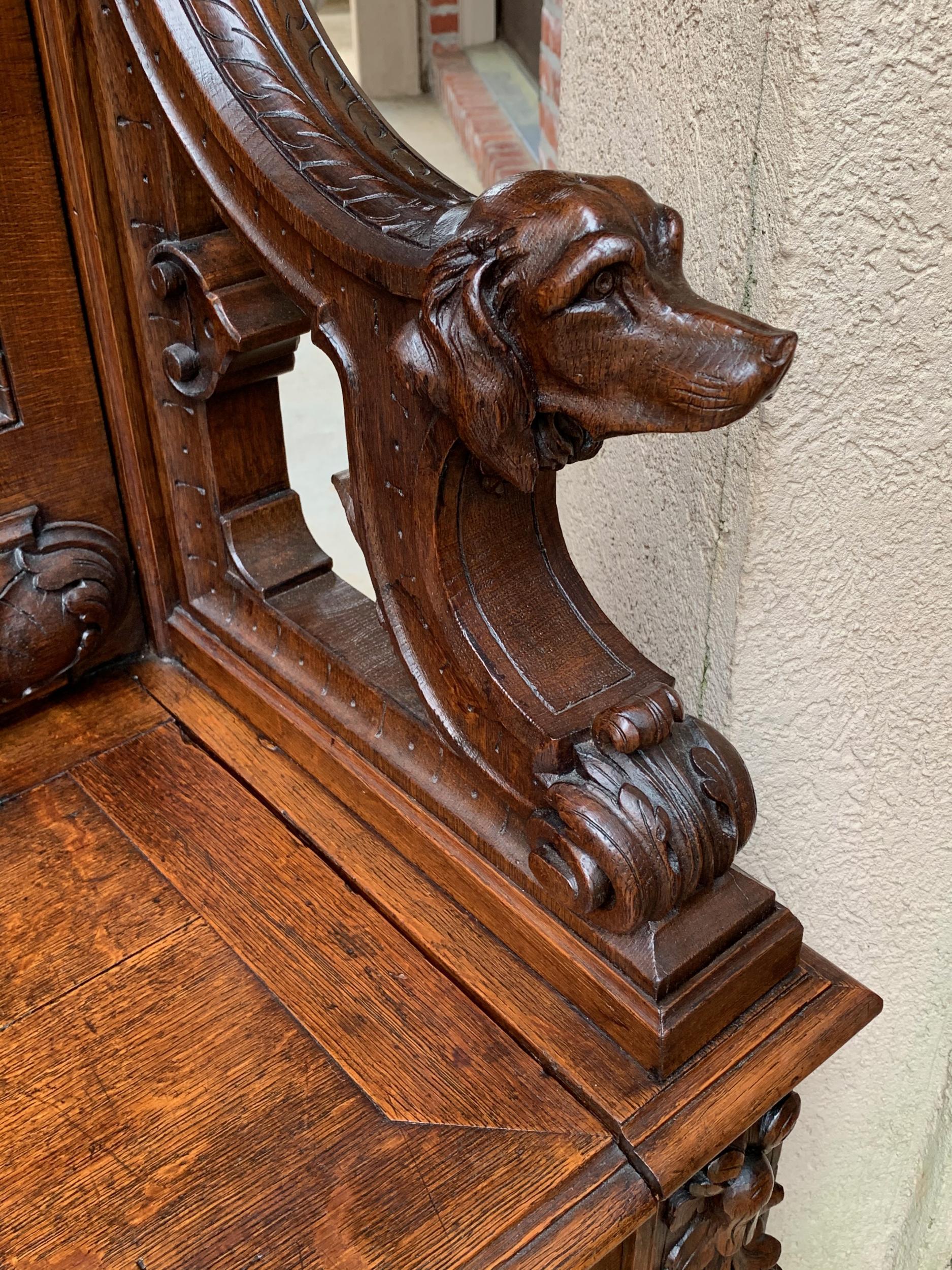 Antique French Carved Oak Hall Bench Black Forest Boar Hunt Hound Dog Settle Pew 2