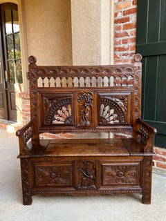 Antique French Carved Oak Hall Bench Breton Brittany Small Settee Pew Chest
