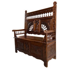 Antique French Carved Oak Hall Bench Breton Brittany Small Settee Pew Chest