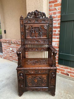 Antique French Carved Oak Hall Bench Brittany Breton Pew Chest Trunk