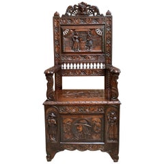 Antique French Carved Oak Hall Bench Brittany Breton Pew Chest Trunk