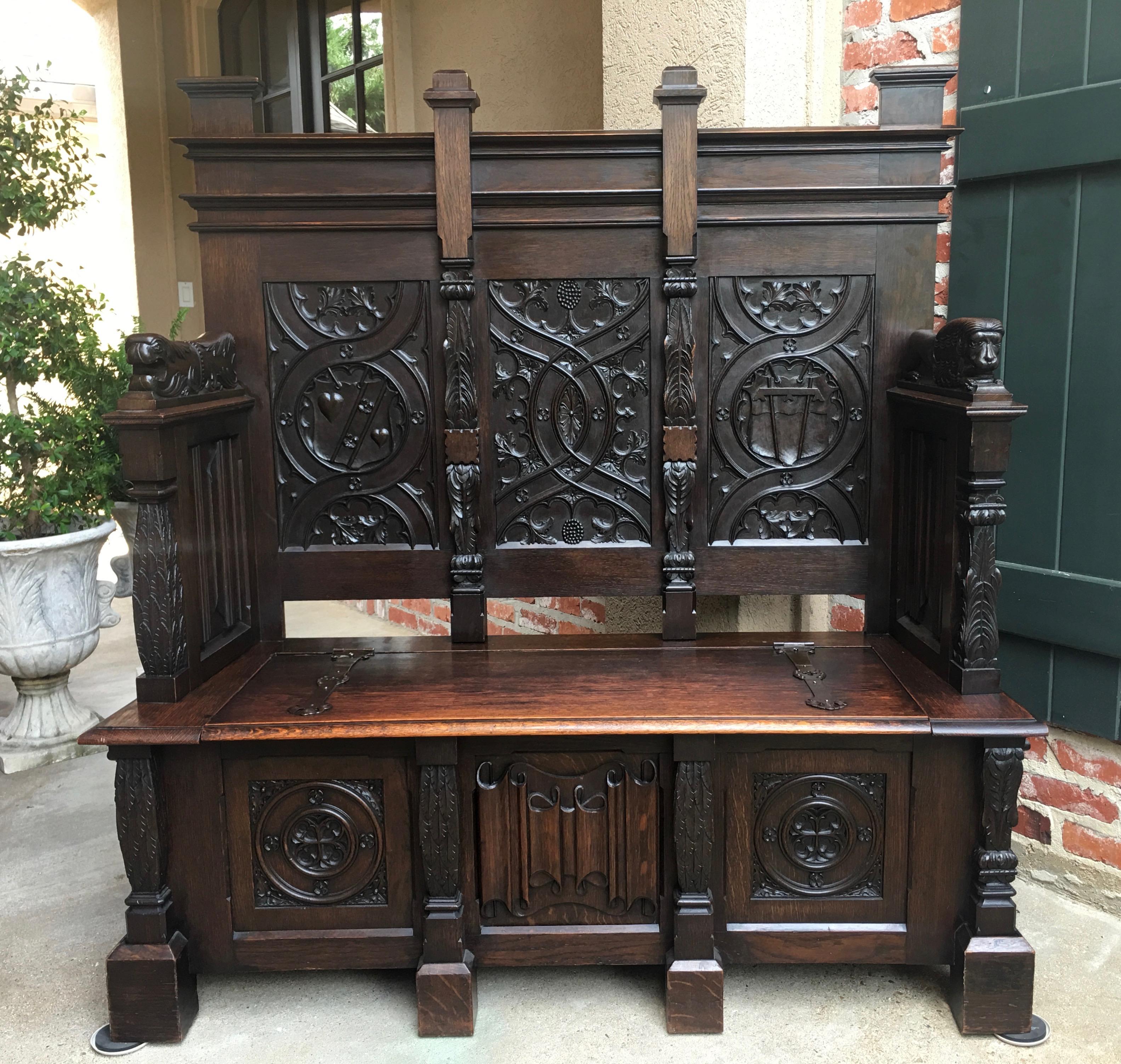 Hand-Carved Antique French Carved Oak Hall Bench Chest Gothic Settle Pew Renaissance