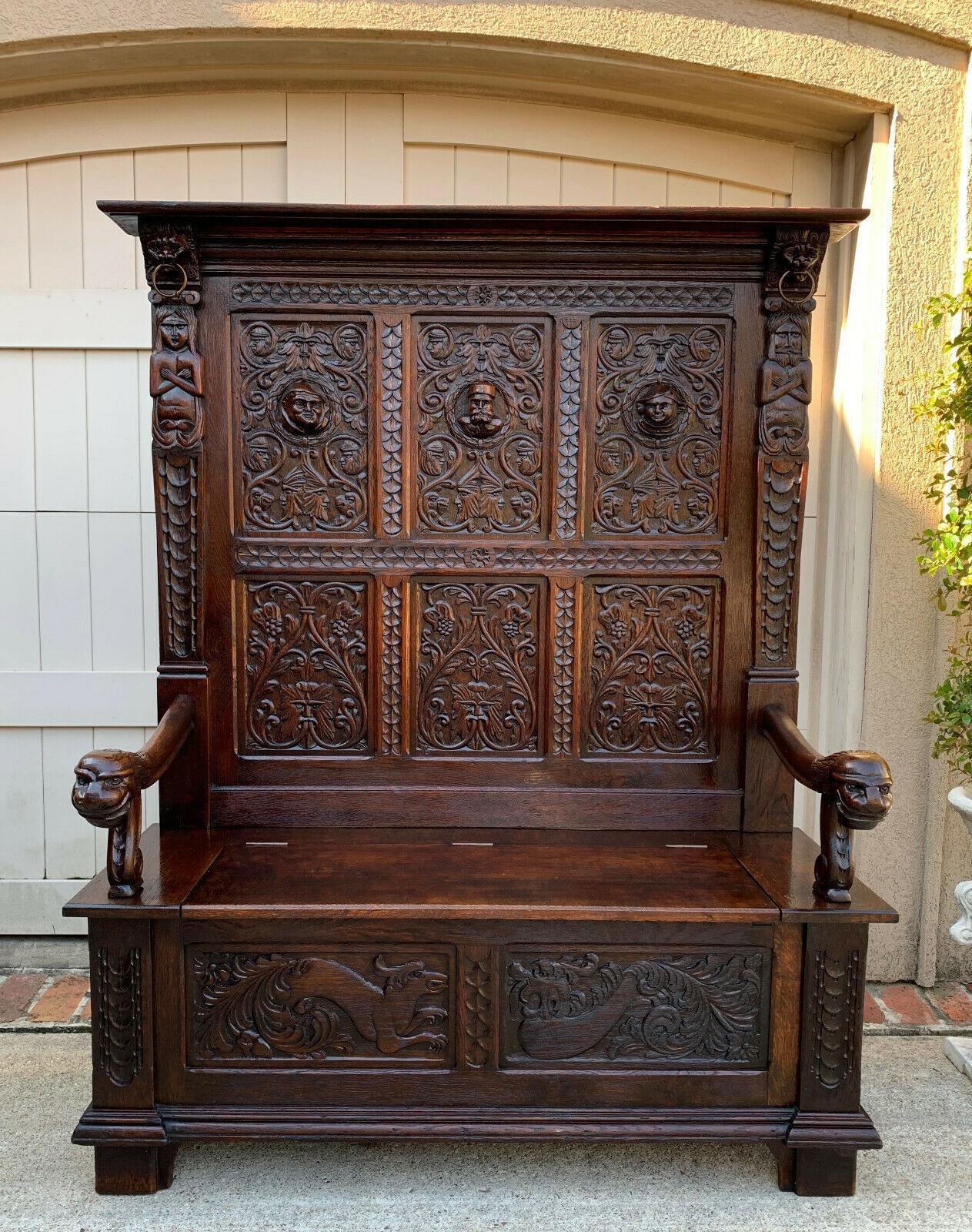 ~Direct from France~
~This gorgeous antique French hall bench has some of The Most intriguing carvings we have seen. It probably was commissioned by an aristocrat, and the carvings had specific meanings to the family.~
~Huge upper back panel is
