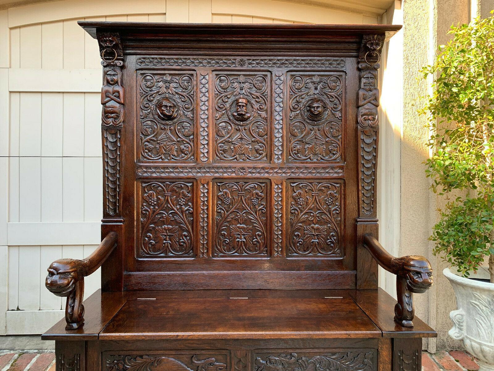 Antique French Carved Oak Hall Bench Entry Pew Gothic Breton Renaissance Settle In Good Condition In Shreveport, LA